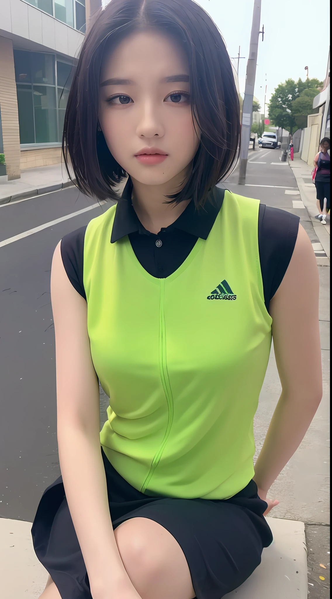 ((Best quality, 8k, Masterpiece :1.3)), Sharp focus:1.2, Perfect Body Beauty:1.4, ((Layered short hair:1.2)), (Light green sports vest:1.1 ), (Street:1.2), Highly detailed face and skin texture, Detailed eyes, Double eyelids,