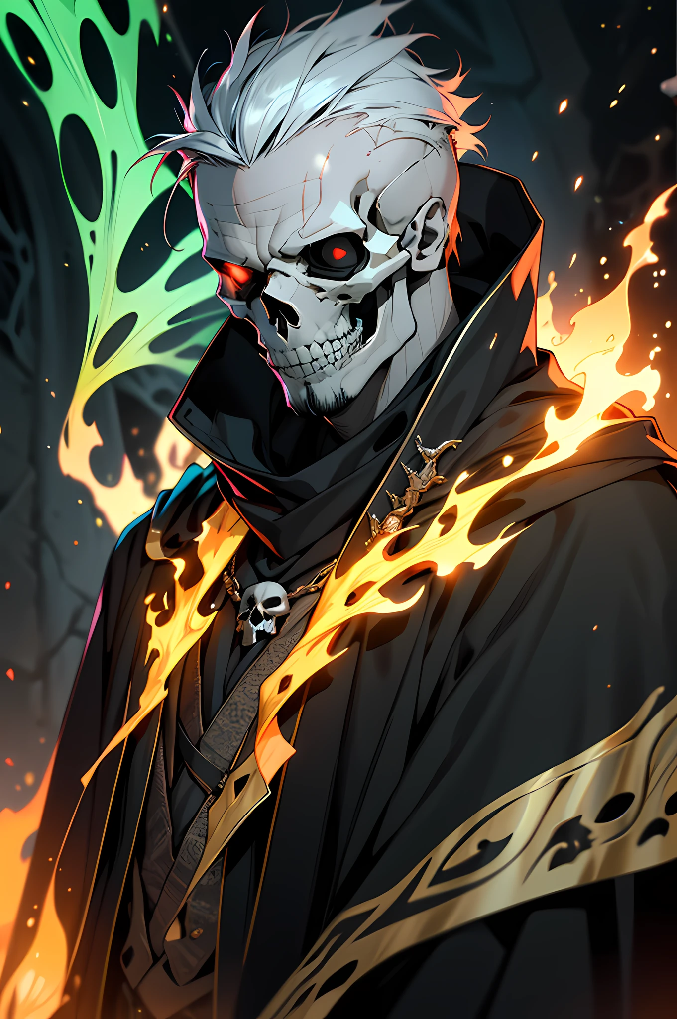 Best quality, masterpiece, ultra high res,detailed background,realistic,hadesstyle,solo,male,mature,bara,muscular,mature male,short hair,facial hair,wizard,necromancer,skull,green fire,horror \(theme\),dark fantasy,evil,cape,depth of field