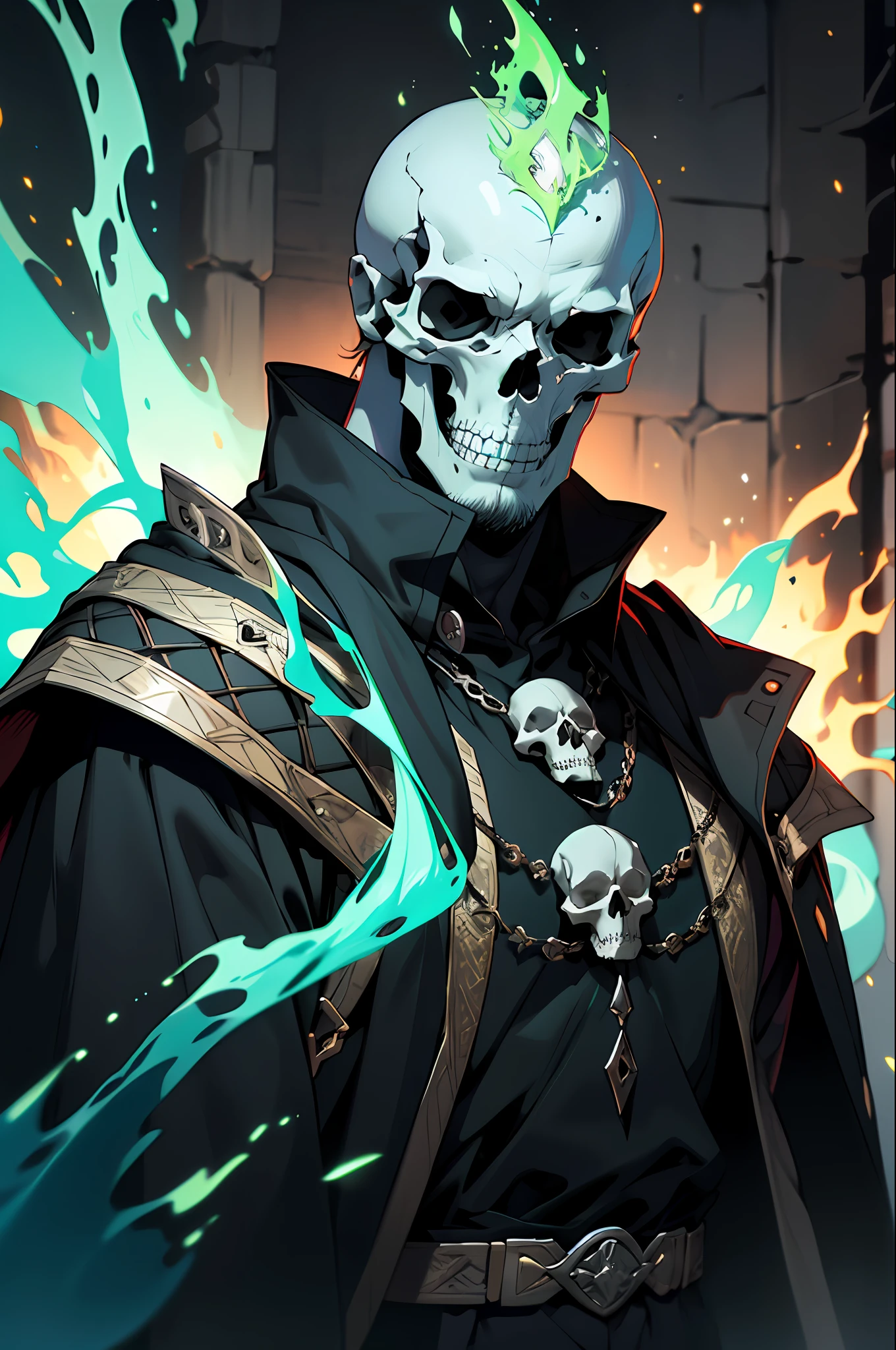 Best quality, masterpiece, ultra high res,detailed background,realistic,hadesstyle,solo,male,mature,bara,muscular,mature male,short hair,facial hair,wizard,necromancer,skull,green fire,horror \(theme\),dark fantasy,evil,cape,depth of field