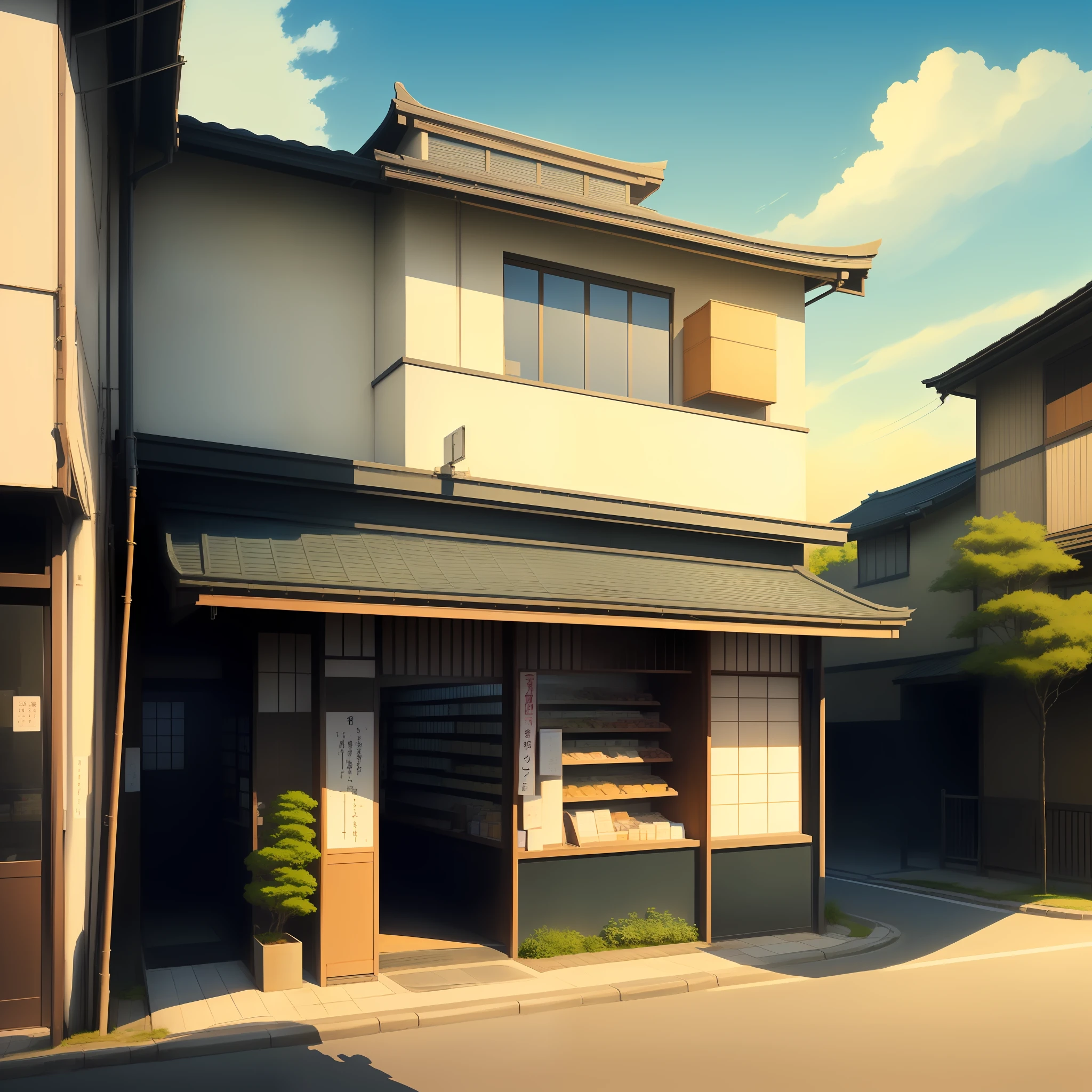 lonely modern Japanese shop, street corner, bridge, overlooking distant city, morning, bright blue sky, beautiful dramatic clouds, best quality, lofi, japan, modern, anime, (no one: 1), wide view, street view, front of shop