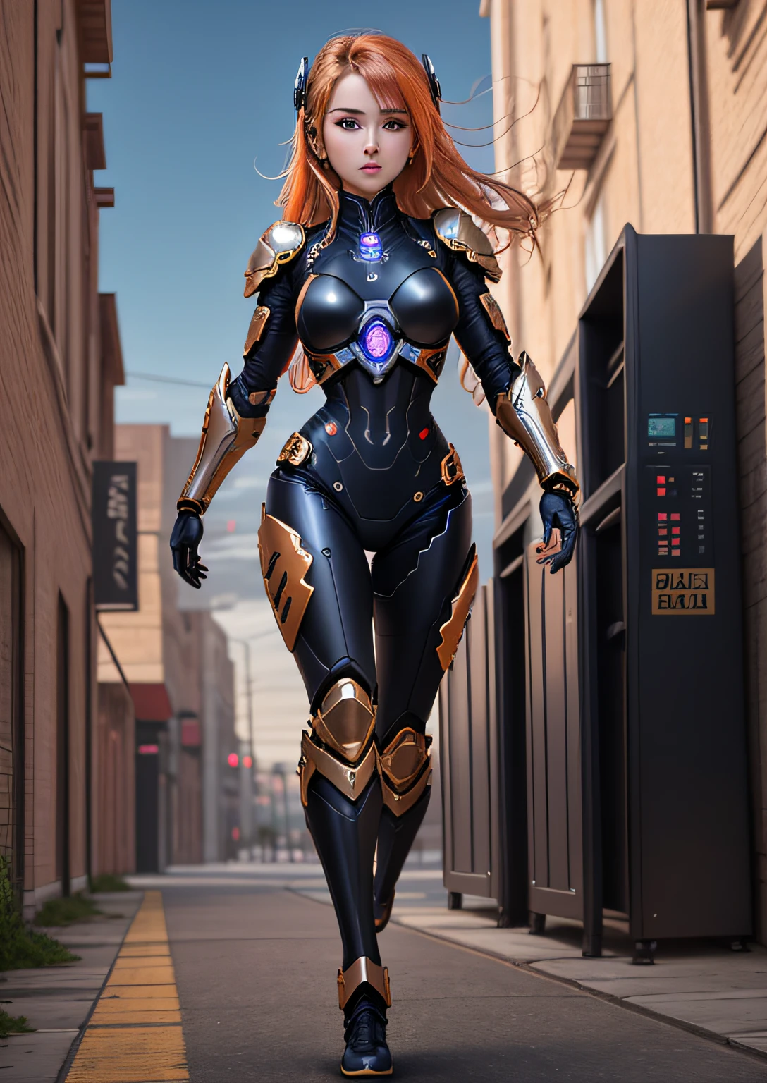 best quality, 8k, photography, beautiful eyes, detailed eyes, giant 3d printer, 1girl, cyborg, full body, perfect body, running, medium breasts, top viewer, orange and black armor