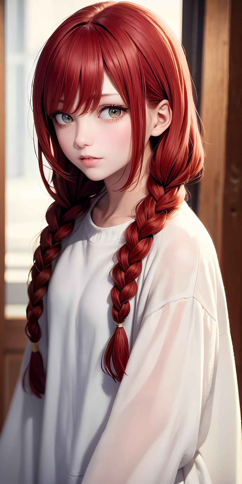 best quality, masterpiece, red hair, golden eyes, white clothes, looking for frentr, upper body, lock of hair, fair skin, side braids