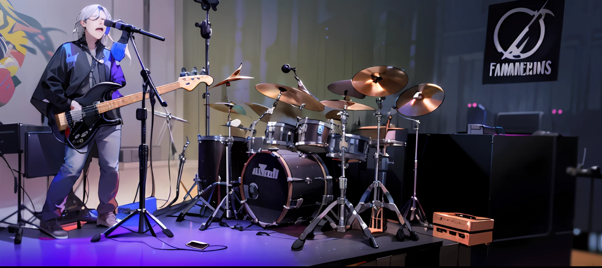 they are playing music on stage with a band of musicians, playing drums, drummer, band playing, drumkit, drums, on stage, on a stage, by Jay Hambidge, by Tom Wänerstrand, live performance, slightly blurry, on the stage, album photo, performing on stage, slightly blurred, bleak tone, rocking out, drum kit, festival