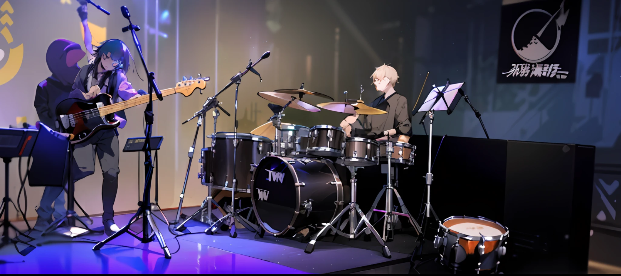 they are playing music on stage with a band of musicians, playing drums, drummer, band playing, drumkit, drums, on stage, on a stage, by Jay Hambidge, by Tom Wänerstrand, live performance, slightly blurry, on the stage, album photo, performing on stage, slightly blurred, bleak tone, rocking out, drum kit, festival