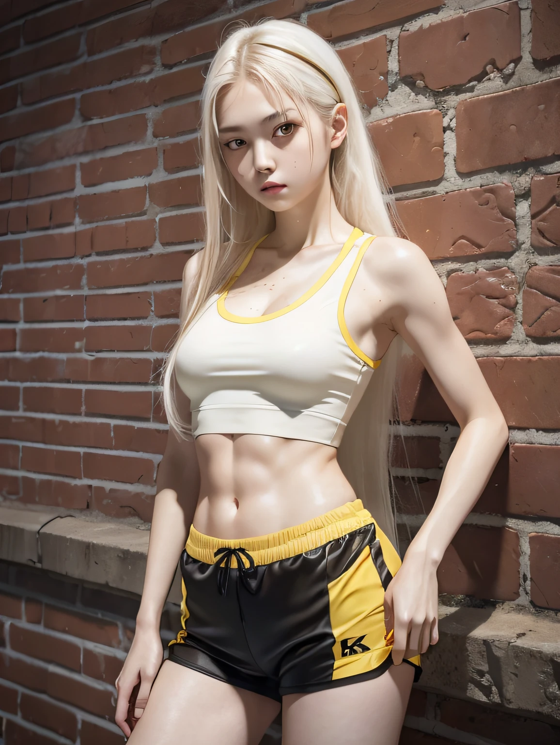 a 20 yo woman,blonde,(hi-top fade:1.4),dark theme,soothing tones,muted colors,high contrast,(natural skin texture, hyperrealism, soft light, sharp),waist up,fashion design,black sport tank top,jogger,(red background:1.1),simple background,