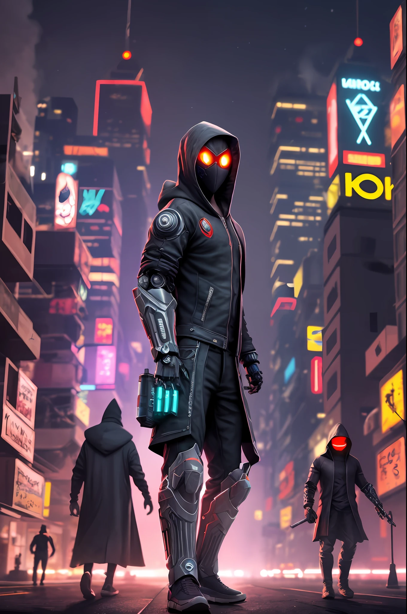 A Futuristic cyberpunk assassin, wearing a long dark hooded jacket, face mask, robotic super strength lightweight arm, dark and eerie city, fog, steam, night time, smog