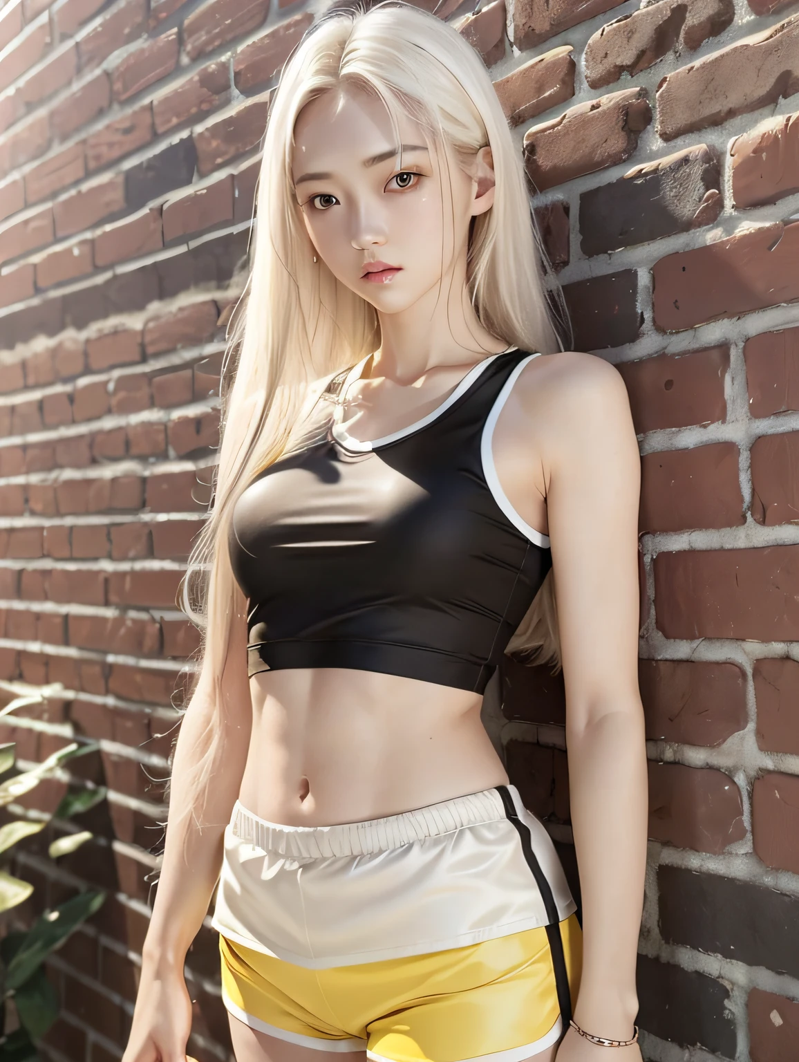 a 20 yo woman,blonde,(hi-top fade:1.4),dark theme,soothing tones,muted colors,high contrast,(natural skin texture, hyperrealism, soft light, sharp),waist up,fashion design,black sport tank top,jogger,(red background:1.1),simple background,