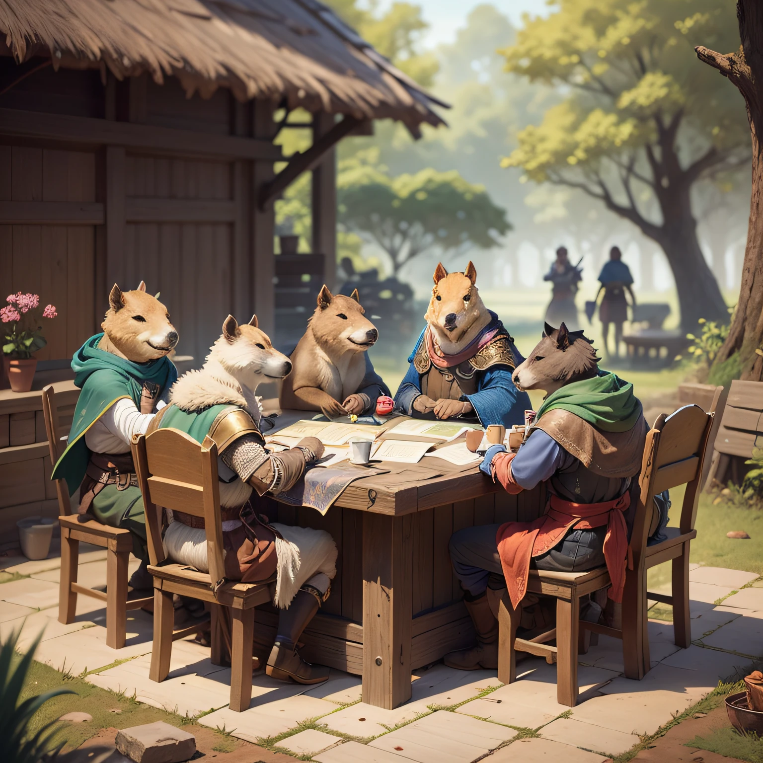 A group of capybara warriors and adventurers gathered around a table for a meeting, adventurer clothes, medieval, D&D universe, magic, rpg, cartoon, drawing.