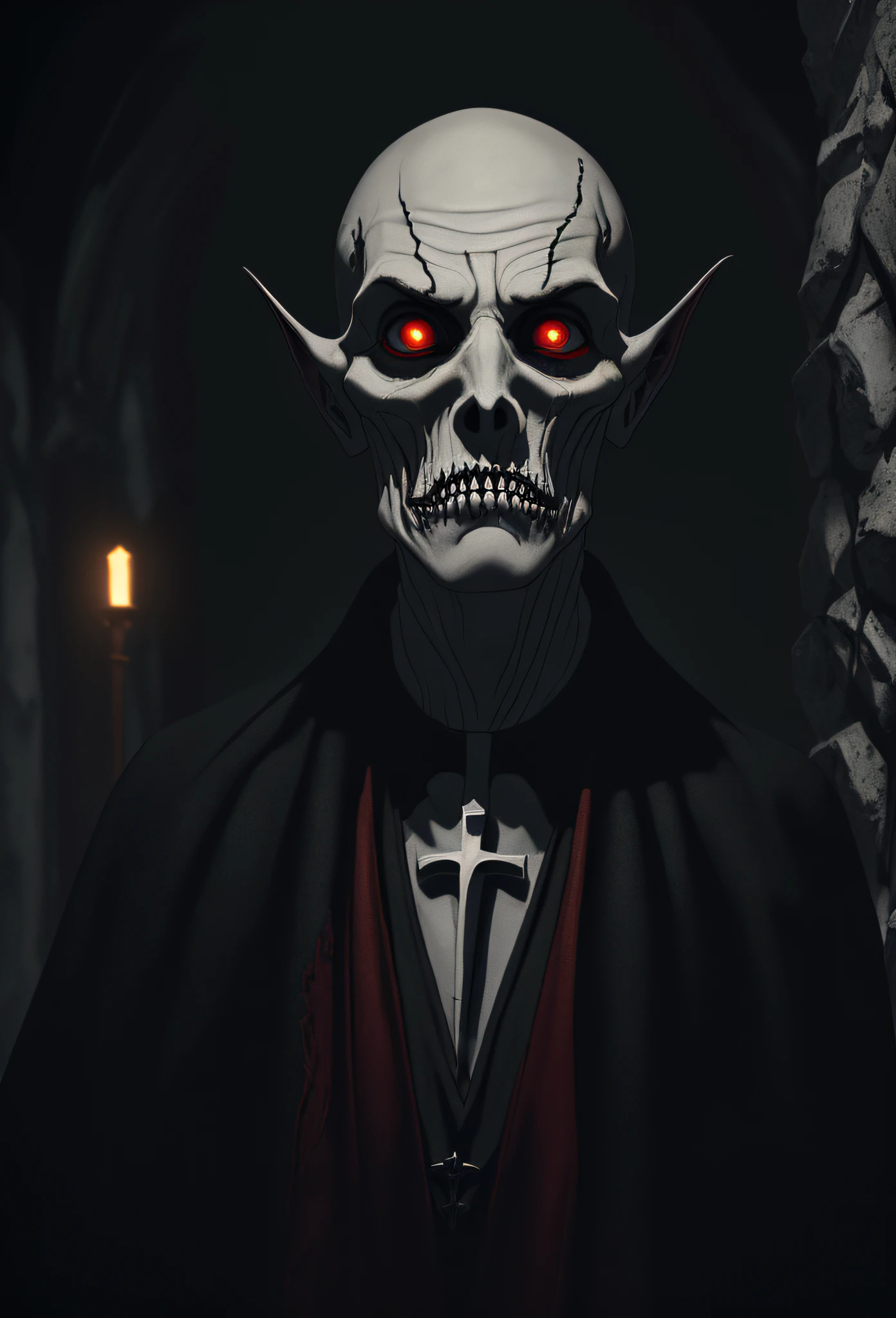 (((best quality)), ((masterpiece)), (((ultra realistic)), 55mm lens, (professional portrait photography in black and white), glamorous photography, night time, low angle, terrifying male vampire lord Nosferatu, ((slender face, thin, big haunted eyes, bald, wrinkled skin)), tattered robes, rats climbing up the body, dark scenery with rats, huge tusks, dark gothic interior of the cathedral, detailed background, best quality,  Soft cinematic lighting, sharp focus