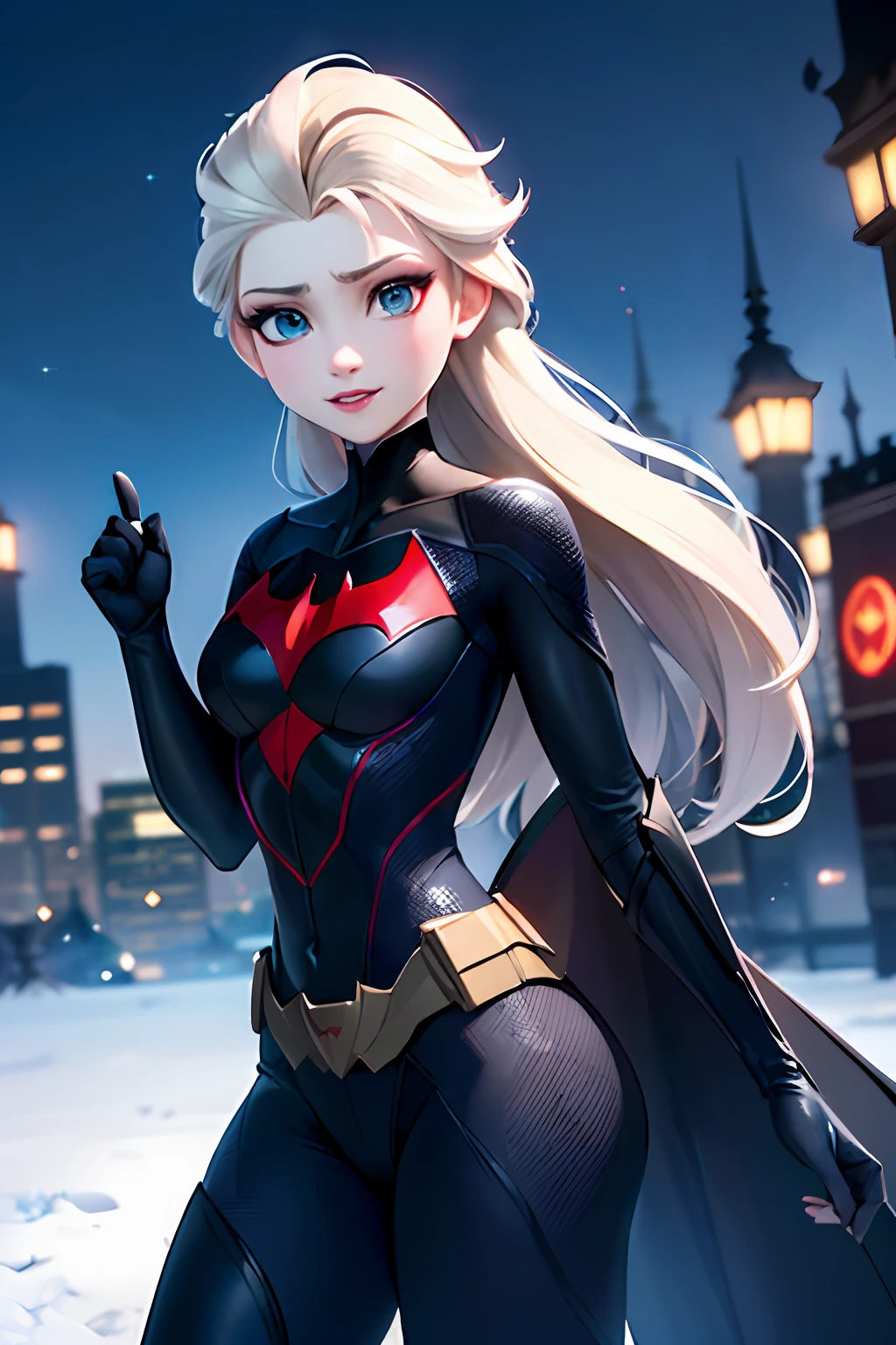 (masterpiece:1.4), (best qualit:1.4), (high resolution:1.4), elsa of arendelle, long hair, batwoman, batgirl, batman suit, dark city background, blue and black suit, blue bat symbols, full black batman costume, winter, blue and black, blue bat symbol, blue and black, nightwing