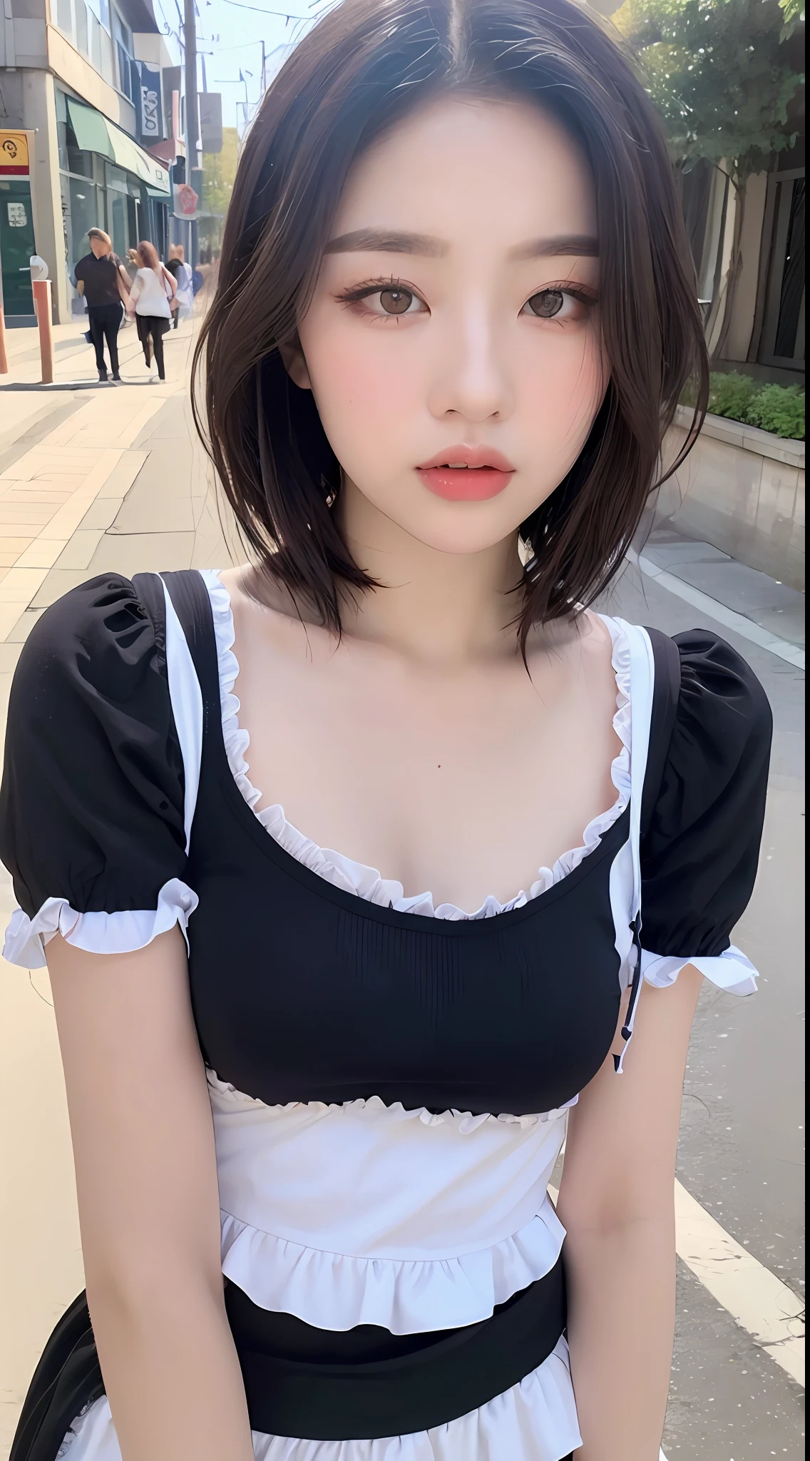 ((Best quality, 8k, Masterpiece :1.3)), Sharp focus :1.2, Perfect Body Beauty:1.4, ((Layered short hair:1.2)), (Lolita clothing:1.1), (Street:1.2), Highly detailed face and skin texture, Fine eyes, Double eyelids,