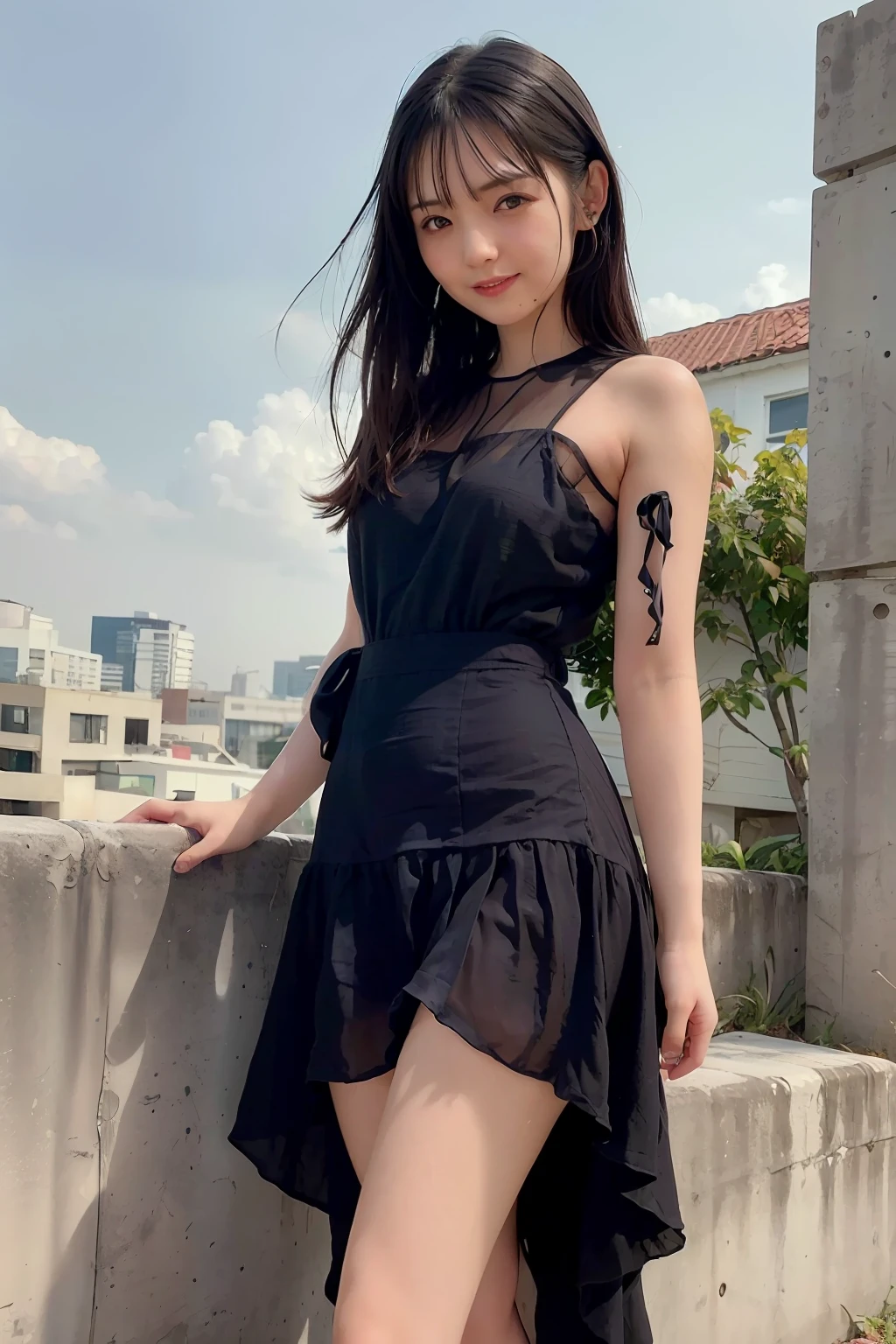 (8k, Best Quality, Masterpiece:1.2), (Realistic, Photorealistic:1.37), Ultra Detailed, Small,One Girl,Cute,Solo,Beautiful Detailed Sky,Date,(Blush),(Smile:1.15),(Closed Mouth)Small Breasts, Delicate Body、Black Eyes、Neat,Beautiful Detailed Eyes,(Long Hair: 1.2),Black Hair,Floating Hair NovaFrogStyle,Full body, Thin legs, see-through, Sleeveless blouse