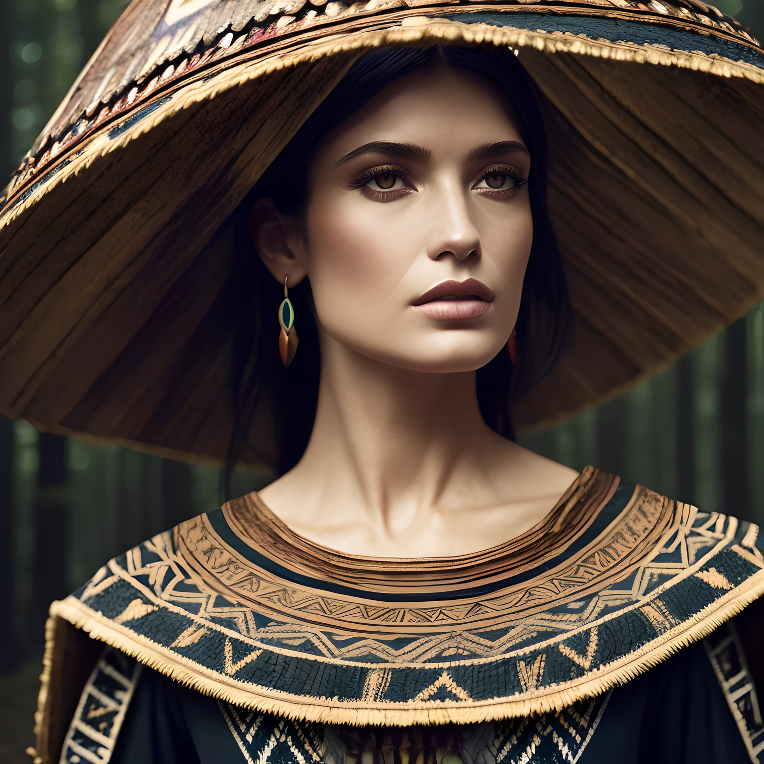 1 woman close up, Aztec armor, feather, dramatic lighting, perspective, complex background, depth of field, forest (photorealistic, realistic, Paolo Roversi)