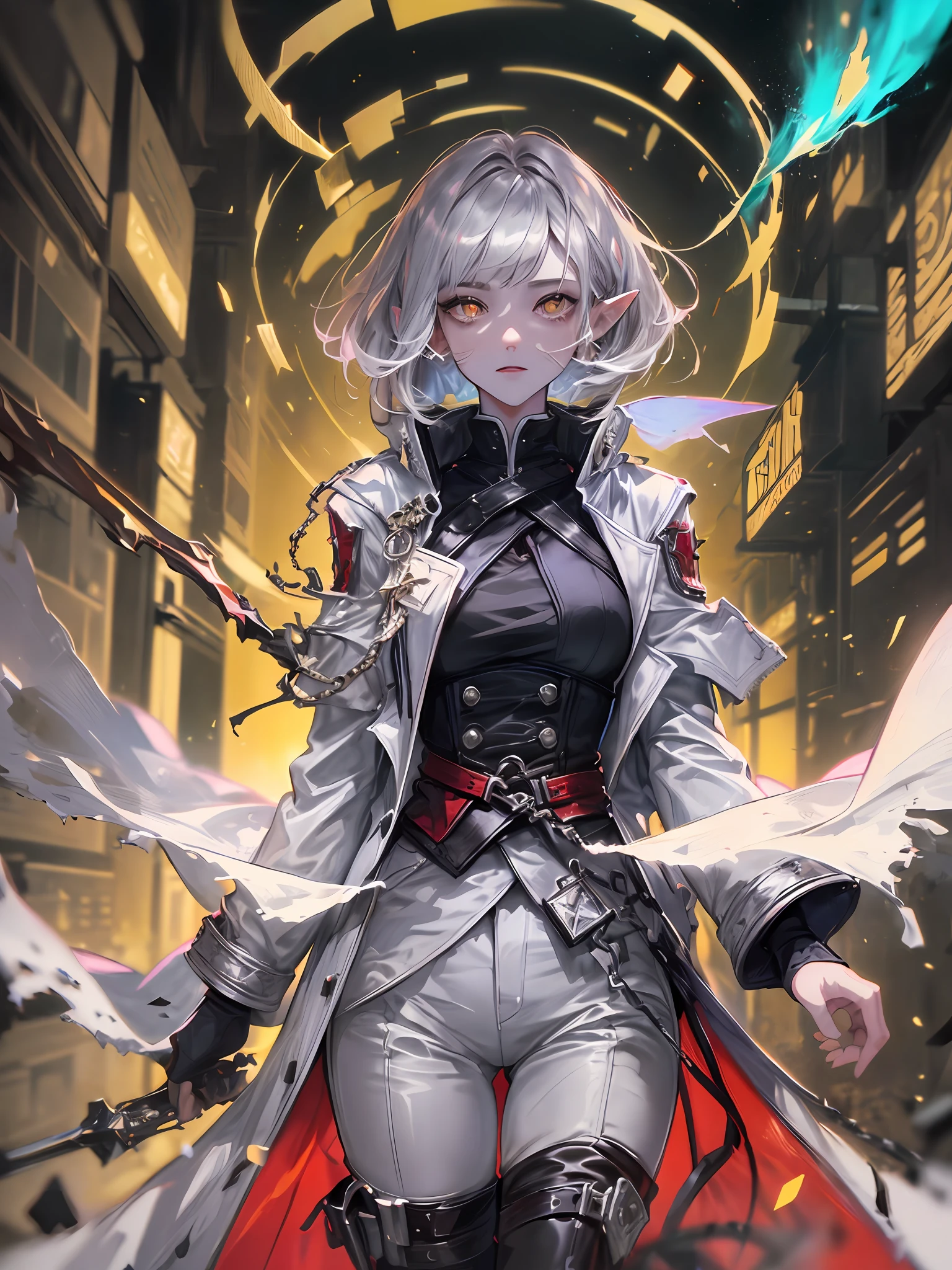A demonic sorceress casting a fire spell, (1girl, looking at viewer:1.4),(elf ears, young, cute face, looking away, skinny, thin:1.2), straight hair, messy hair, (windy hair:1.3), kingsglaive garb, (white with red accents coat, victorian coat, assasin coat, military coat, pants, boots), adventurer clothes,glowing eyes, (grey hair:1.3), (bob cut:1.2), (yellow eyes), beautiful, highly detailed, hyperrealistic, cinematic lighting, dark, space background, soft cinematic lighting, (backlighting:1.2), (bloom:1.2), (light sparkles:1.1), (chromatic aberration:1.2), sharp focus, high contrast