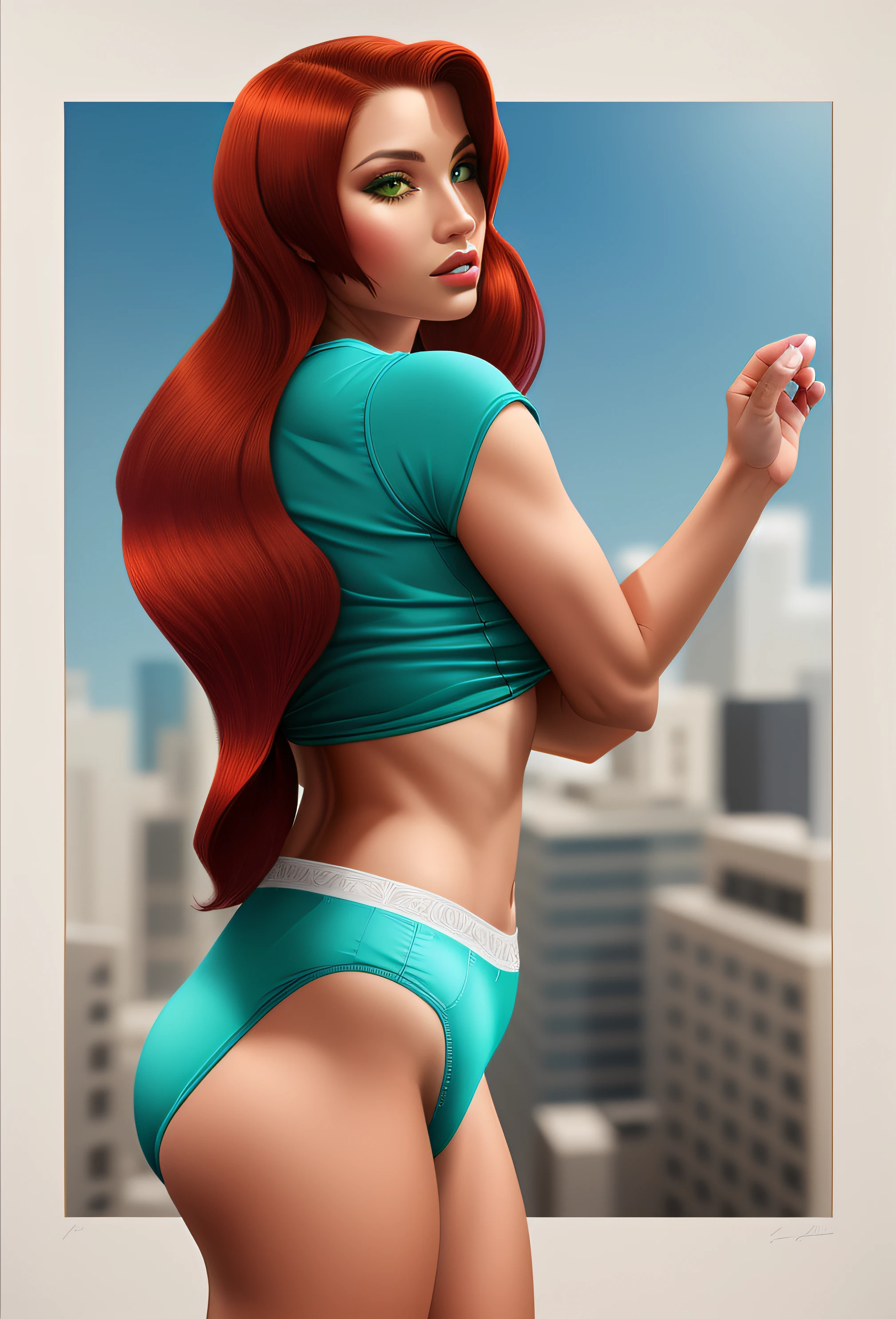 Red haired Curvy Latina with green eyes in blue shirt and white cotton high cut panties, lifting shirt, realistic art style, intricate details