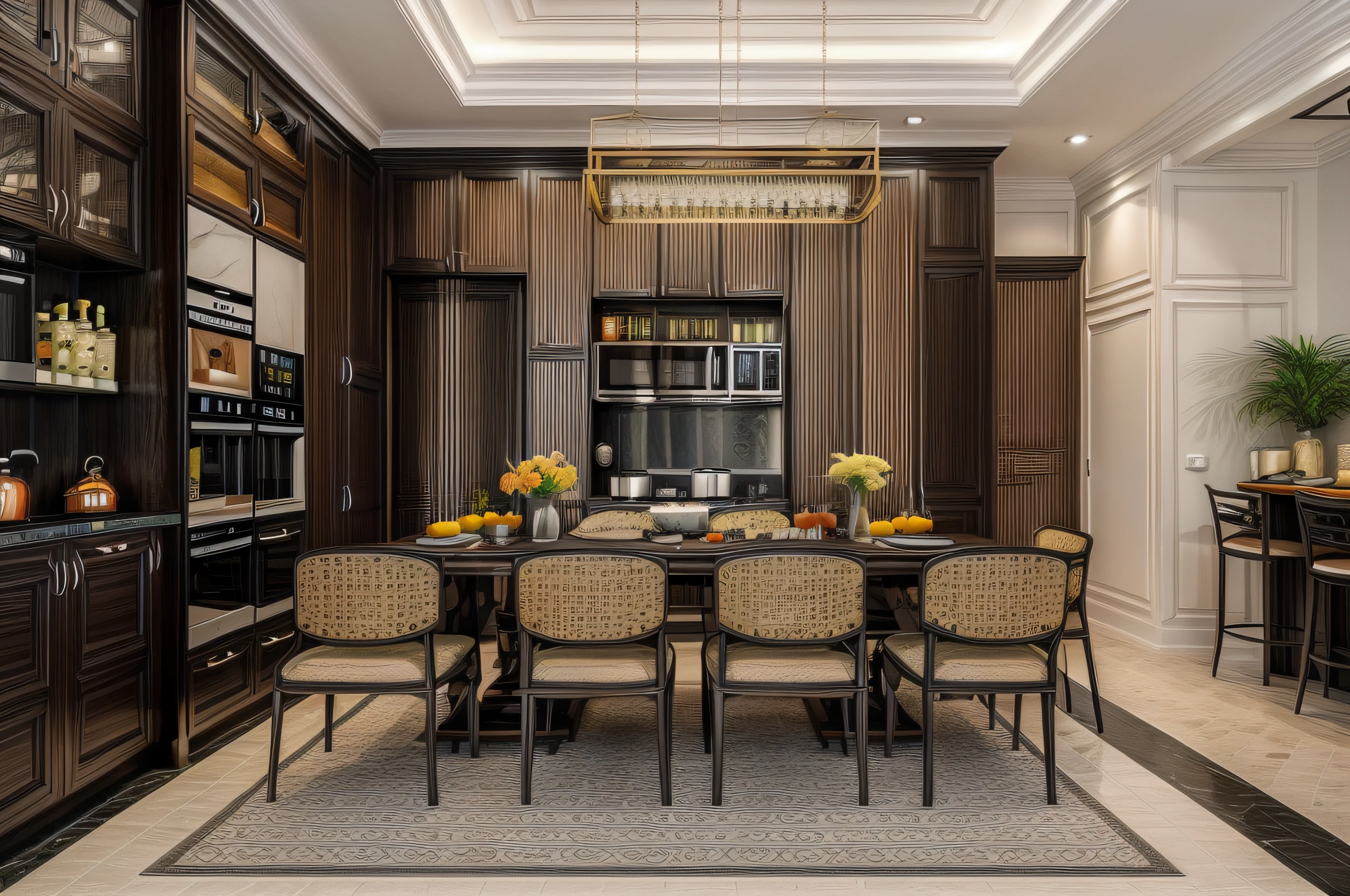 (indochina design kitchen and eating space:1.3), (photo realisstic:1.2), (supper detail:1.2),1bed, 1 chair, 1 big tropical poster on the wall, indochina style of  1 chair, indochina style of cabinet, orange wall, indoor, whiten light, cinematic lighting