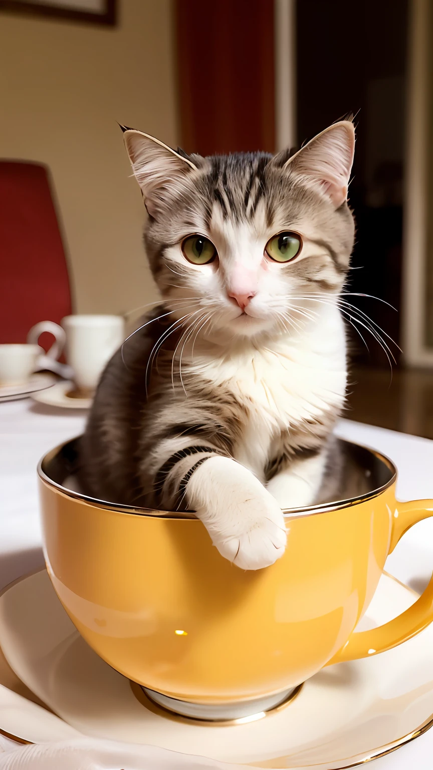 Cat, (Himalayas), (Small)))), in a cup of tea, Face, Front paws out, 8K, Professional photo, Delicate, Clear, On the table, Inside the house, Sun, Light leak, Masterpiece, ((Cute))), Fashionable tea cup, (Reality), Stuffed toy, Round pupils with very large eyes