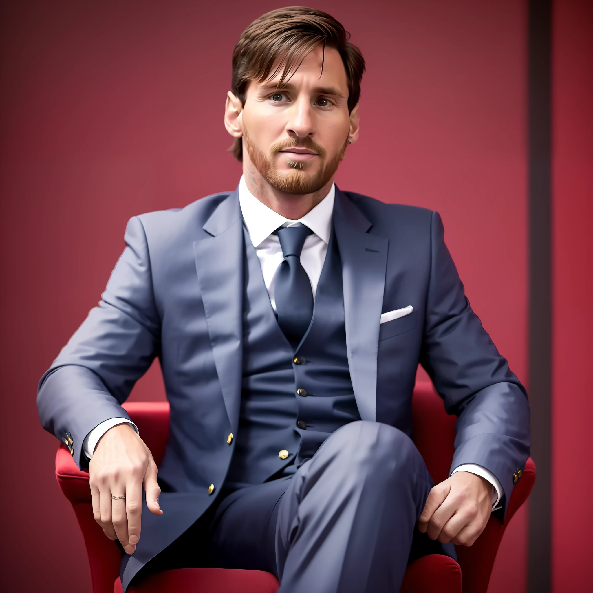 a professional photo of Lionel Messi sitting in an armchair, wearing a suit, staring into the camera, focusing on his face, realistic, dsrl, canon, sony