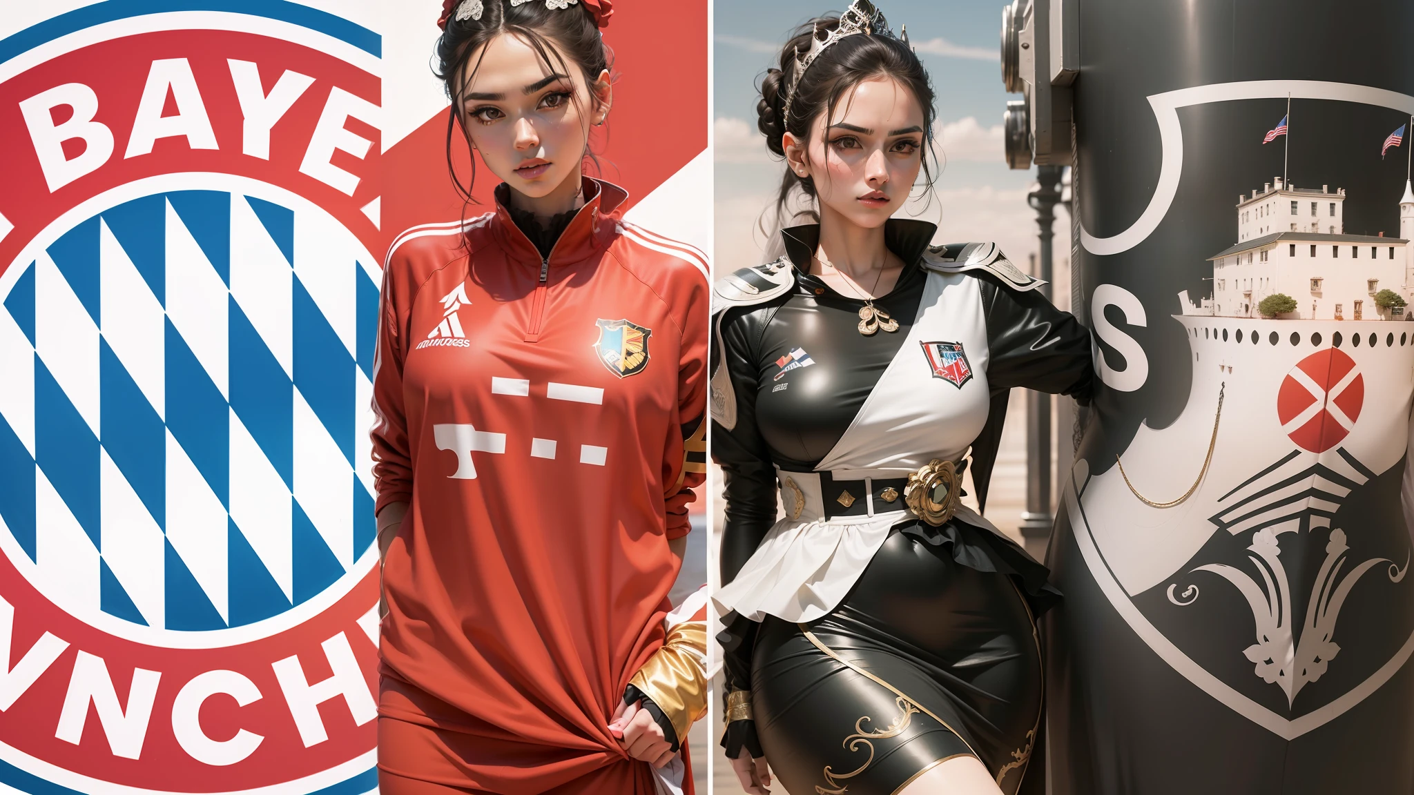 Two beautiful women, with seductive bodies dressed as princesses in charming clothes, in their gaze shows rivalry and sovereignty The rivalry is only looking at the two mlheres who are with their firm posture and passing all the atmosphere of tension of a war, holding their logos in a way of showing strength --auto