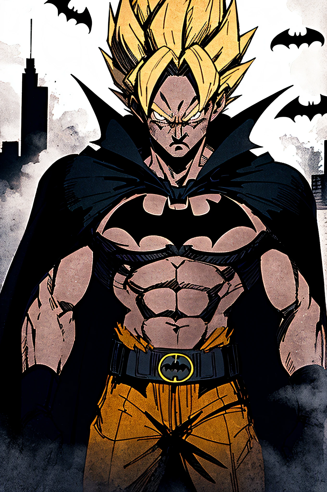 son goku, 1boy, brave, blonde hair, batman dress, batman, furious, white eyes, male focus, muscular, dark city, solo, spiky hair, super saiyan 1, ((masterpiece)), best quality, dark, terror, dramatic light, gothan city, black batman cape, fog