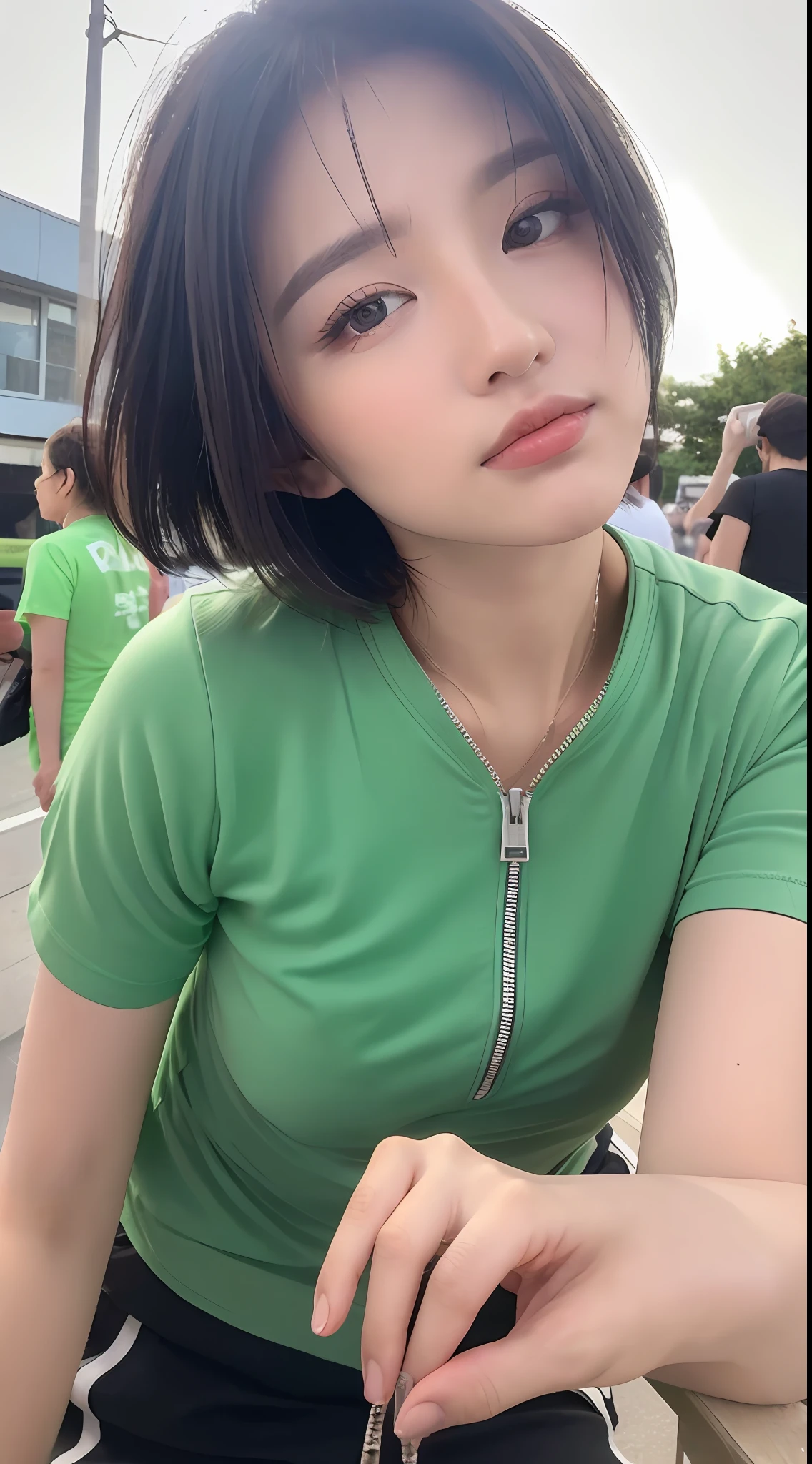 ((Best quality, 8k, Masterpiece :1.3)), Sharp focus:1.2, Perfect Body Beauty:1.4, ((Layered short hair: 1.2)), (Light green sports T-shirt with zipper: 1.1 ), (Street: 1.2), Highly detailed face and skin texture, Fine eyes, Double eyelids,