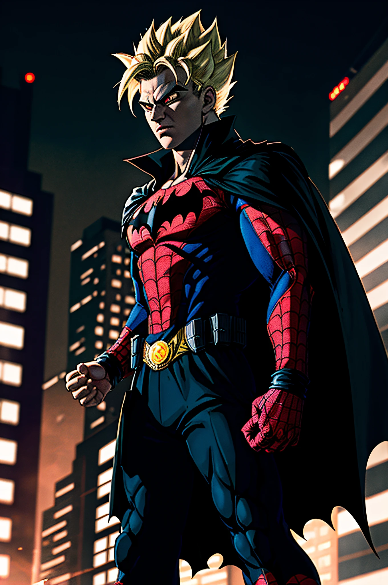Son Goku, 1boy, brave, blonde hair, spiderman dress, white eyes, male focus, muscular, dark city, solo, spiky hair, super saiyan 1, ((masterpiece)), best quality, dark, dramatic light, new york city, black batman cape