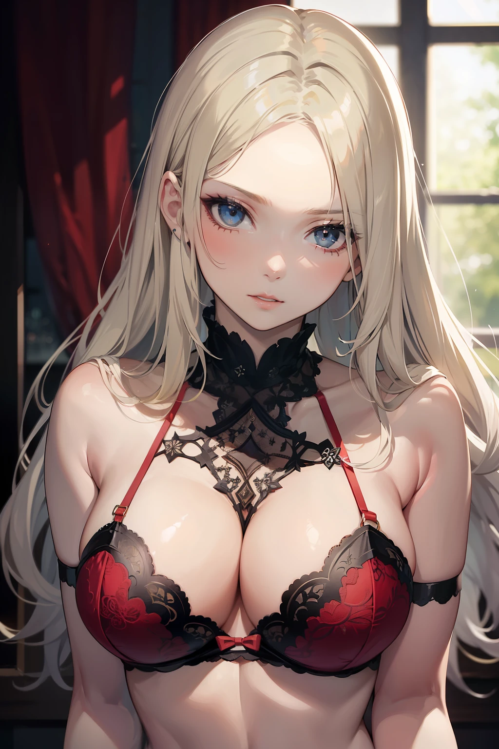 Beautiful pale skin girl, aged23, blonde flowing hair, seductive stare, wearing a red saucy lingerie, tight stockings, big bust, photography, symmetrical face, symmetrical eyes, looking into the camera, highly detailed, soft focus, smooth detail, window lighting, intricate