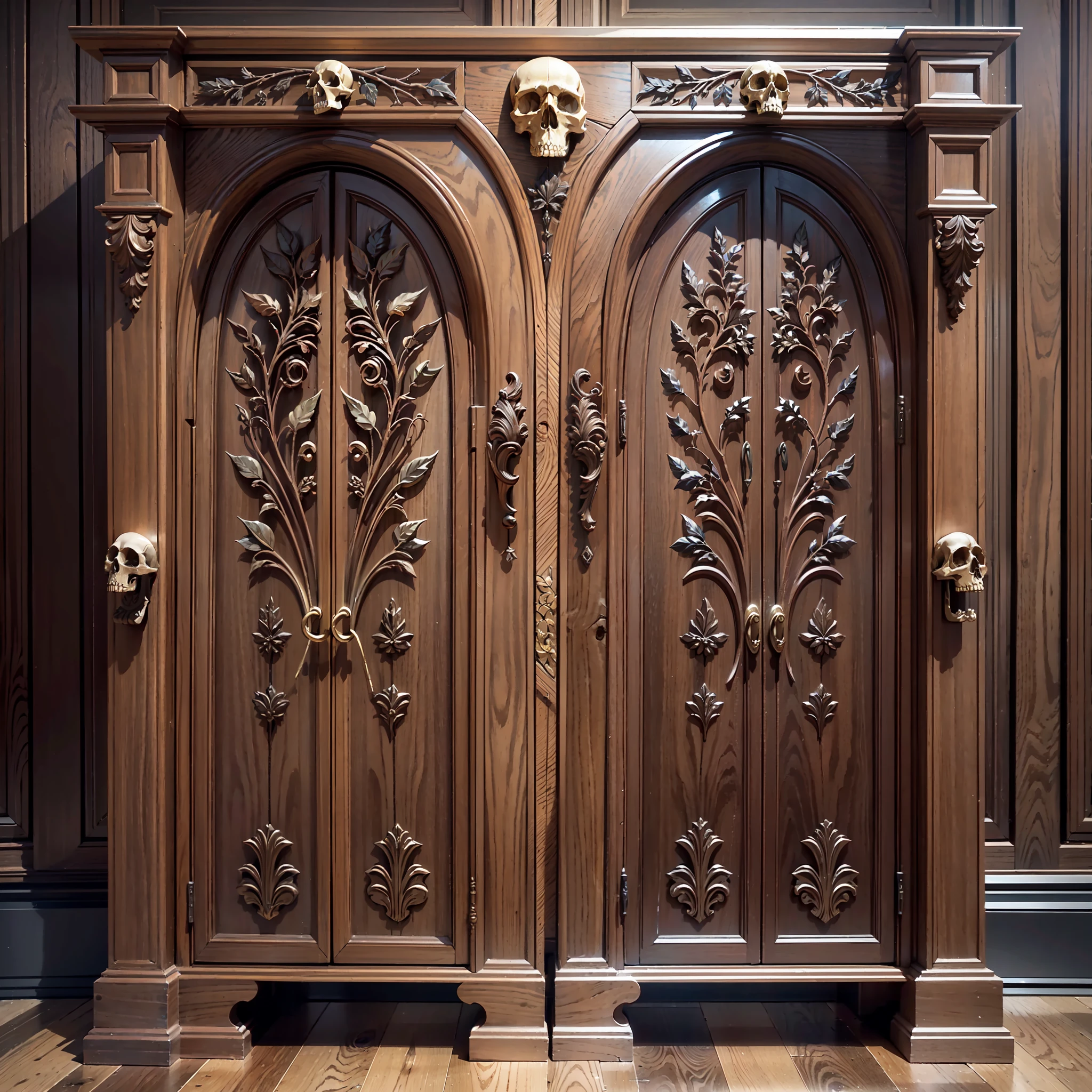 Rectangular cabinet 3 meters high and 2 meters wide in light oak, Gothic patterns: the human skull is located in the center on the left door of the cabinet; Grape vines are located throughout the area on the right door of the cabinet, Gothic carving, gold lacquering, cabinet doors are closed, each cabinet door has one large steel handle of the same appearance at the edges of the doors, symmetry, the highest picture quality.