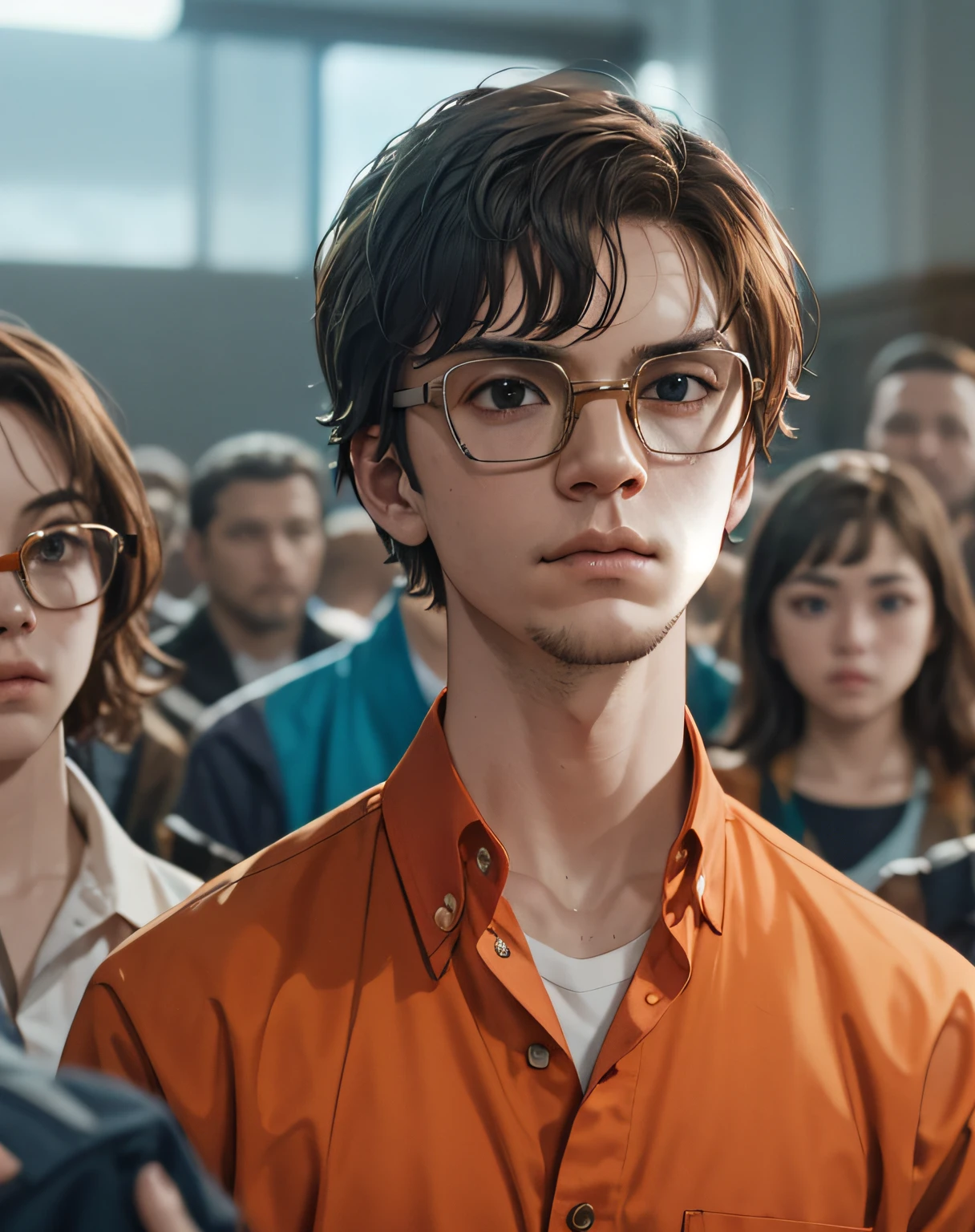 best quality, jeffreydahmer, a man with glasses and orange shirt standing in front of a group of people in a courtroom, closeup, blurry background