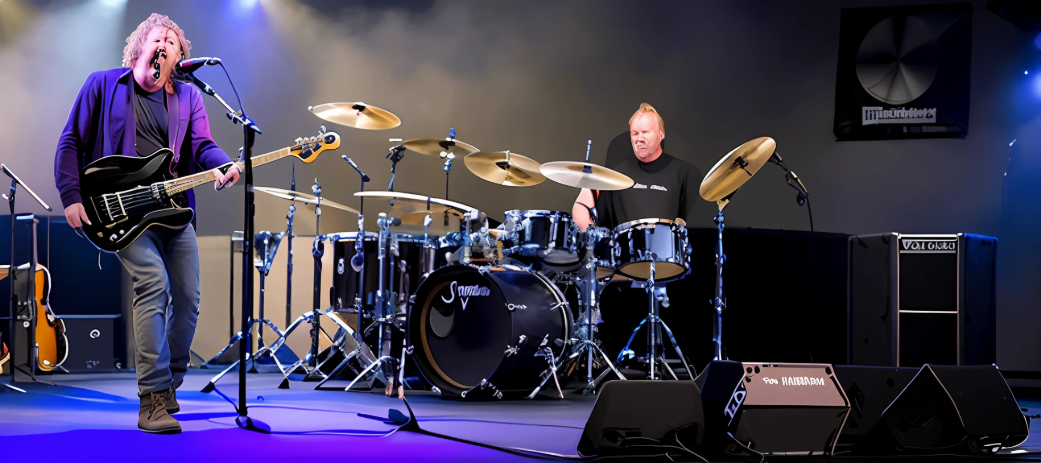 they are playing music on stage with a band of musicians, playing drums, drummer, band playing, drumkit, drums, on stage, on a stage, by Jay Hambidge, by Tom Wänerstrand, live performance, slightly blurry, on the stage, album photo, performing on stage, slightly blurred, bleak tone, rocking out, drum kit, festival