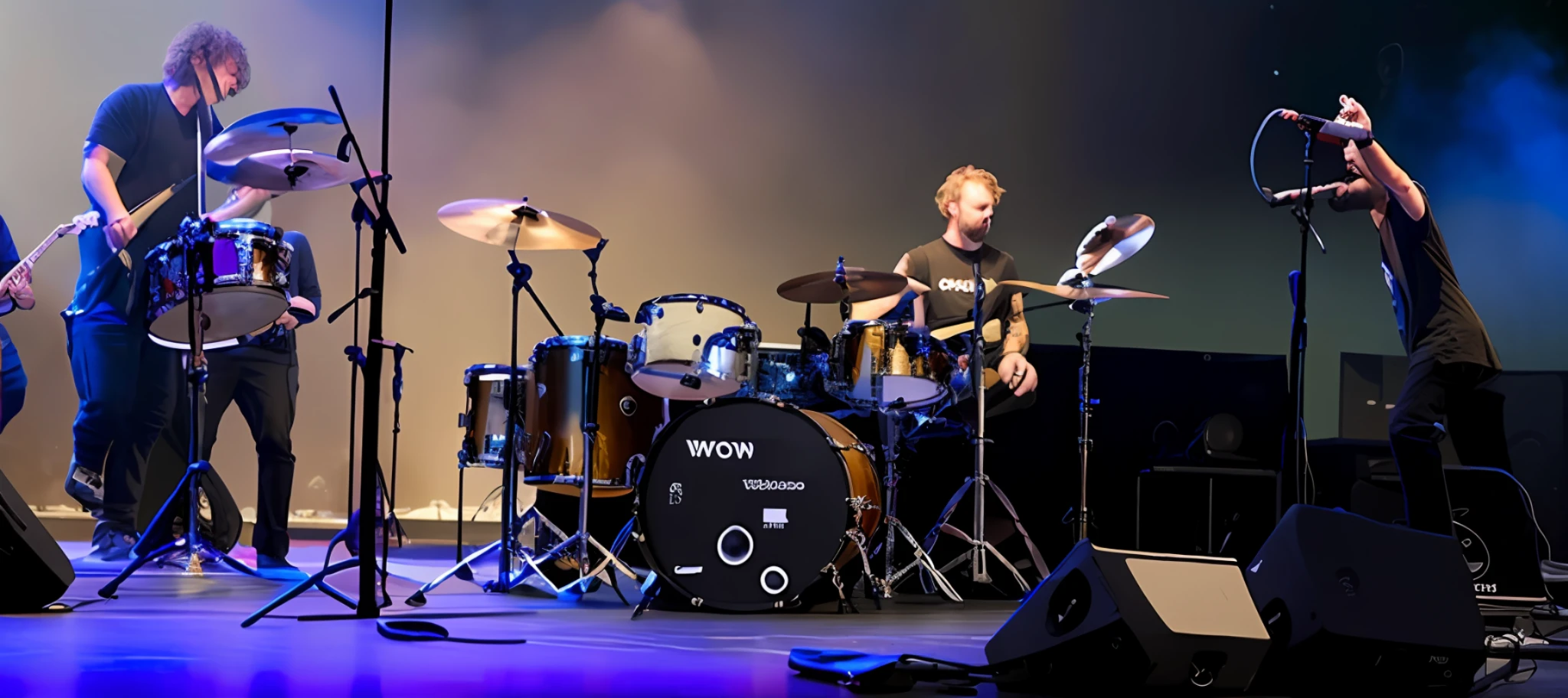 they are playing music on stage with a band of musicians, playing drums, drummer, band playing, drumkit, drums, on stage, on a stage, by Jay Hambidge, by Tom Wänerstrand, live performance, slightly blurry, on the stage, album photo, performing on stage, slightly blurred, bleak tone, rocking out, drum kit, festival