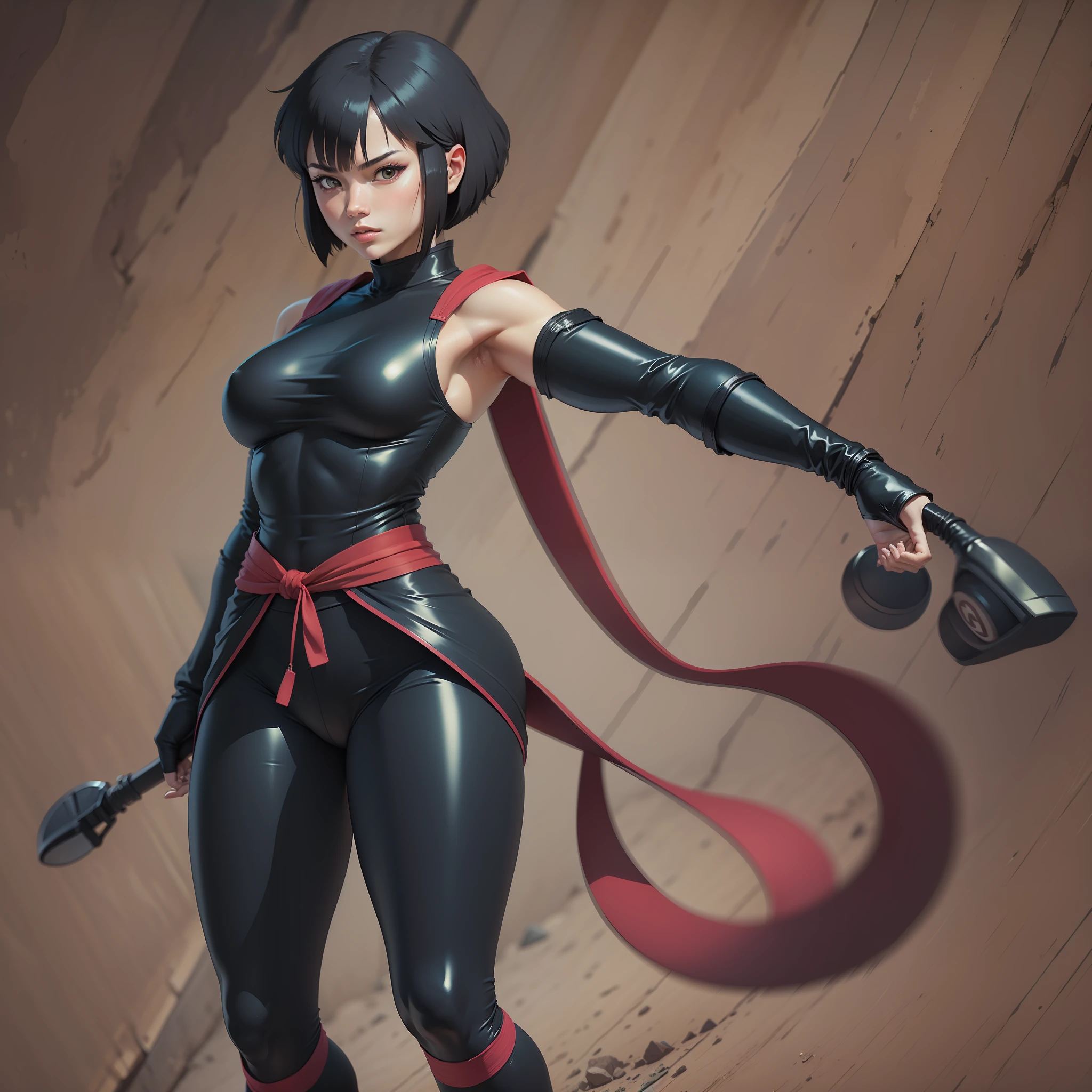 Female kunoichi, without mask, black hair, short hair, breasts, black ninja outfit, tabi shoes, Japanese,ninja leggings