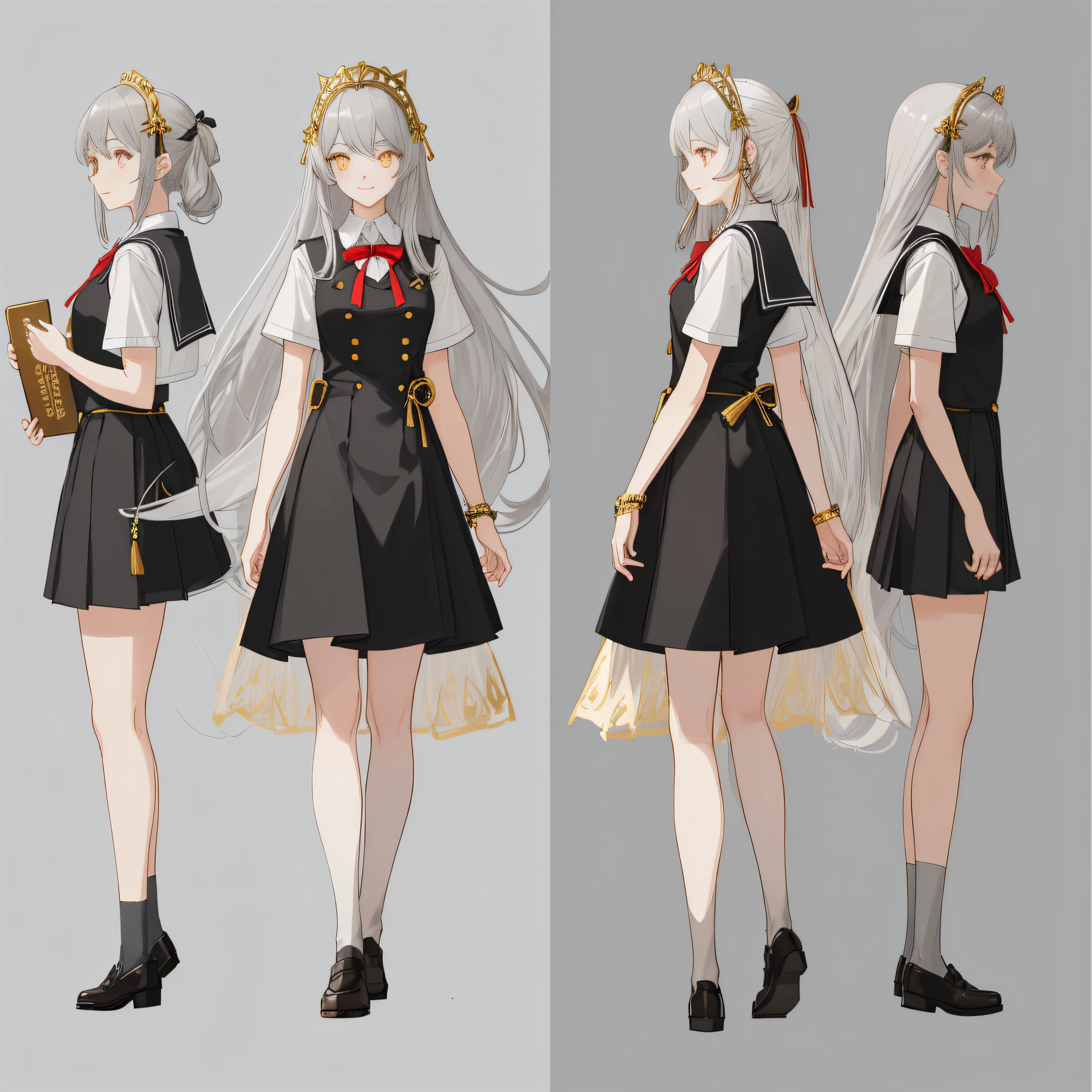 ((((gray background,)))), full body, school uniform, front view, side view, rear view, golden eyes, glowing pupils, delicate headdress, long straight white hair, ribbon, jewelry, light smile, uniform dress, (reference table), UHD, ccurate, super detail, award-winning, high detail, best quality, 8k