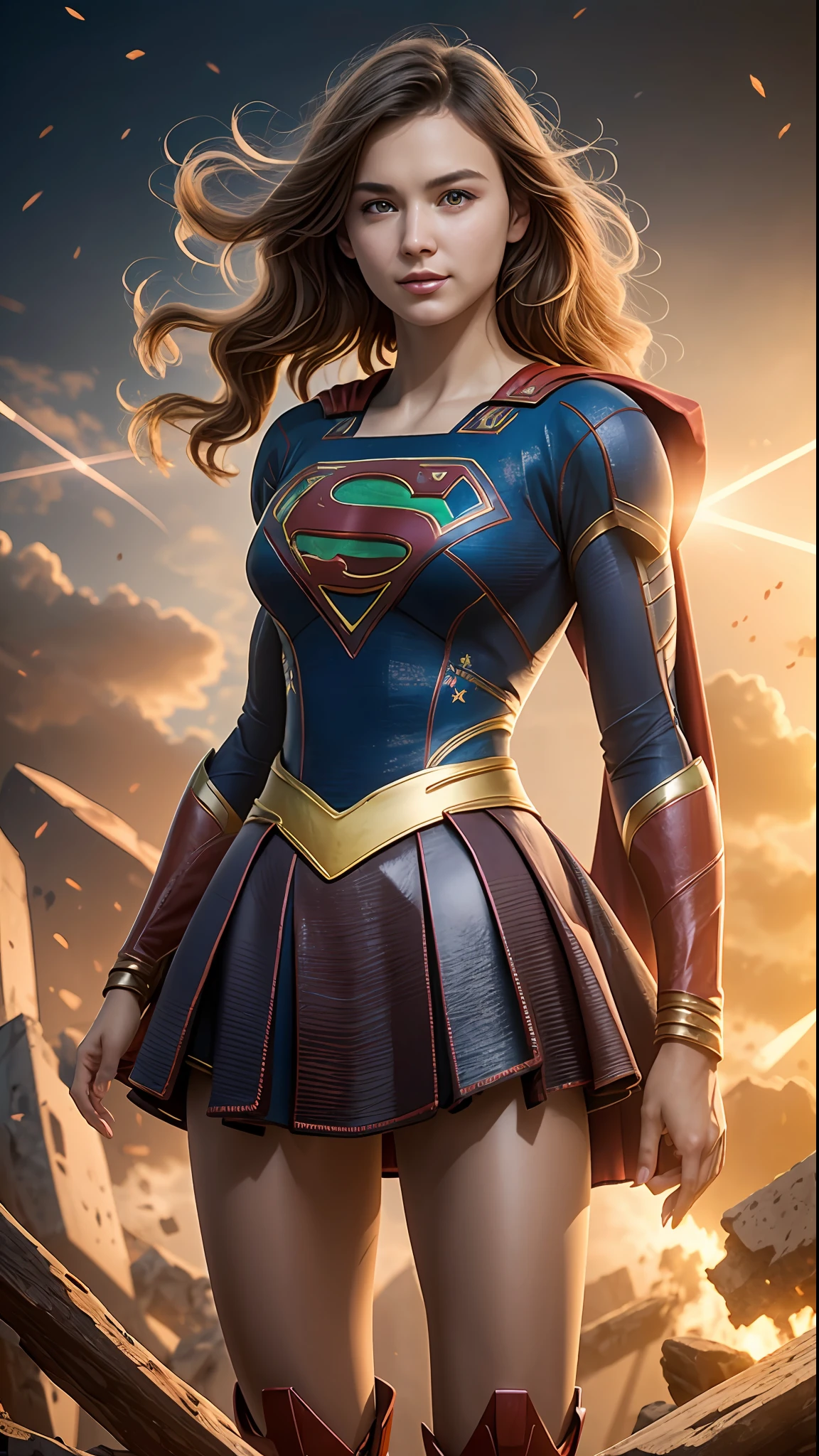 ((Best Quality)), ((Supergirl masterpiece)), (highly detailed: 1.3), 3D, Shitu-mecha, beautiful cyberpunk women with their mecha in the ruins of the city of a lost war, ancient technology, blonde with blue eyes, superman symbol S on the chest, (High Dynamic Range), Ray Tracing, NVIDIA RTX, Super-Resolution, Unreal 5, Subsurface Scattering, PBR Texturing, Post-processing, Anisotropic filtering, Depth of field, Maximum clarity and sharpness, Multilayer textures, Albedo and specular maps, Surface shading, Accurate simulation of light-material interaction, Perfect proportions, Octane Render, two-tone lighting, Low ISO, white balance, rule of thirds, wide aperiature, 8K RAW, efficient sub-pixel, sub-pixel convolution, luminescent particles, light scattering, Tyndall effect
