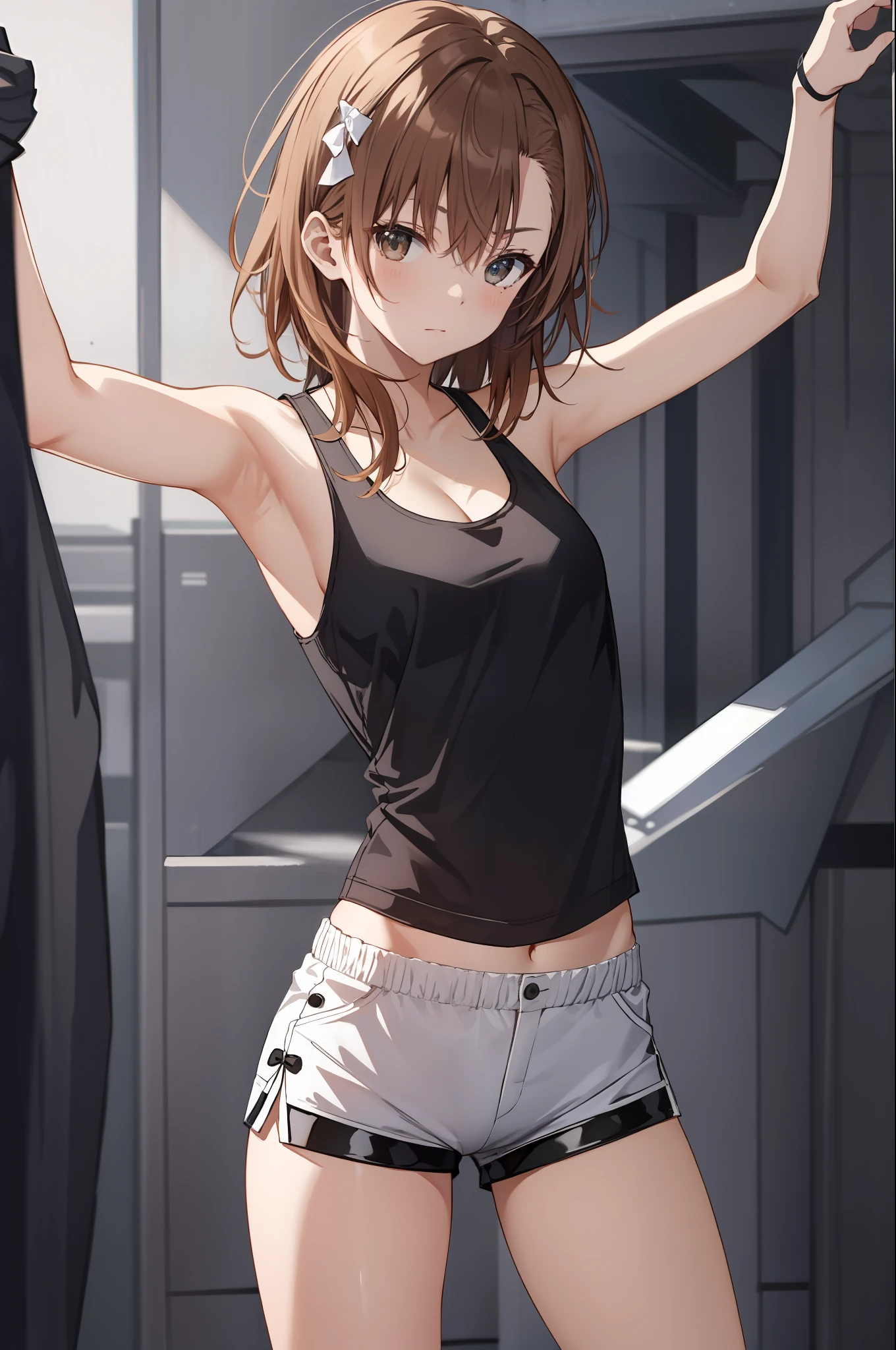 Masterpiece, 4K, Best Quality, Misaka Mikoto, Ribbon, Tank Top, Latex Shorts, Standing, Armed,Random Pose