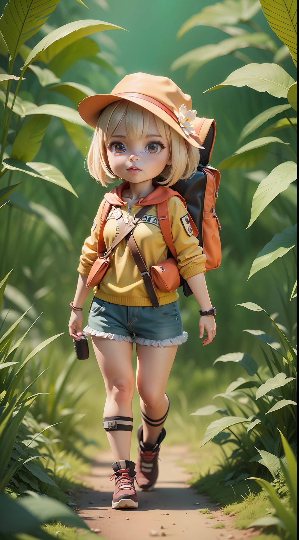 There is a poster with a cartoon character in a hat and backpack, female explorer mini cute girl, walking in the wilderness, flower jungle, animation style rendering, cute 3 D rendering, small characters. Unreal Engine 5, stylized anime, cute detailed digital art, Atey Ghailan 8 K, stylized 3D rendering, adventure surreal rendering, anime style 3D, 3D rendering stylized