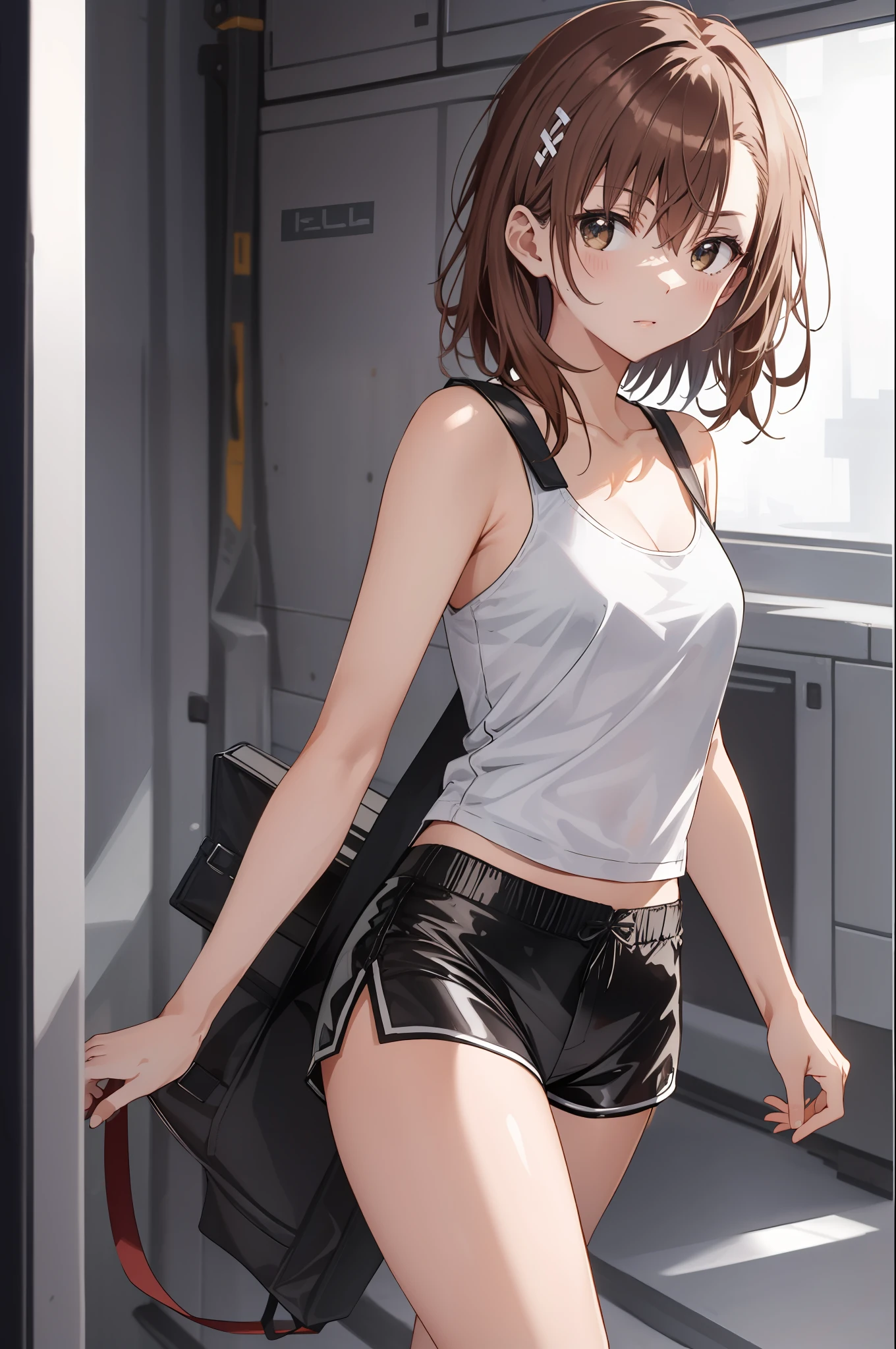 Masterpiece, 4K, Best Quality, Misaka Mikoto, Ribbon, Tank Top, Latex Shorts, Standing, Armed,Random Pose