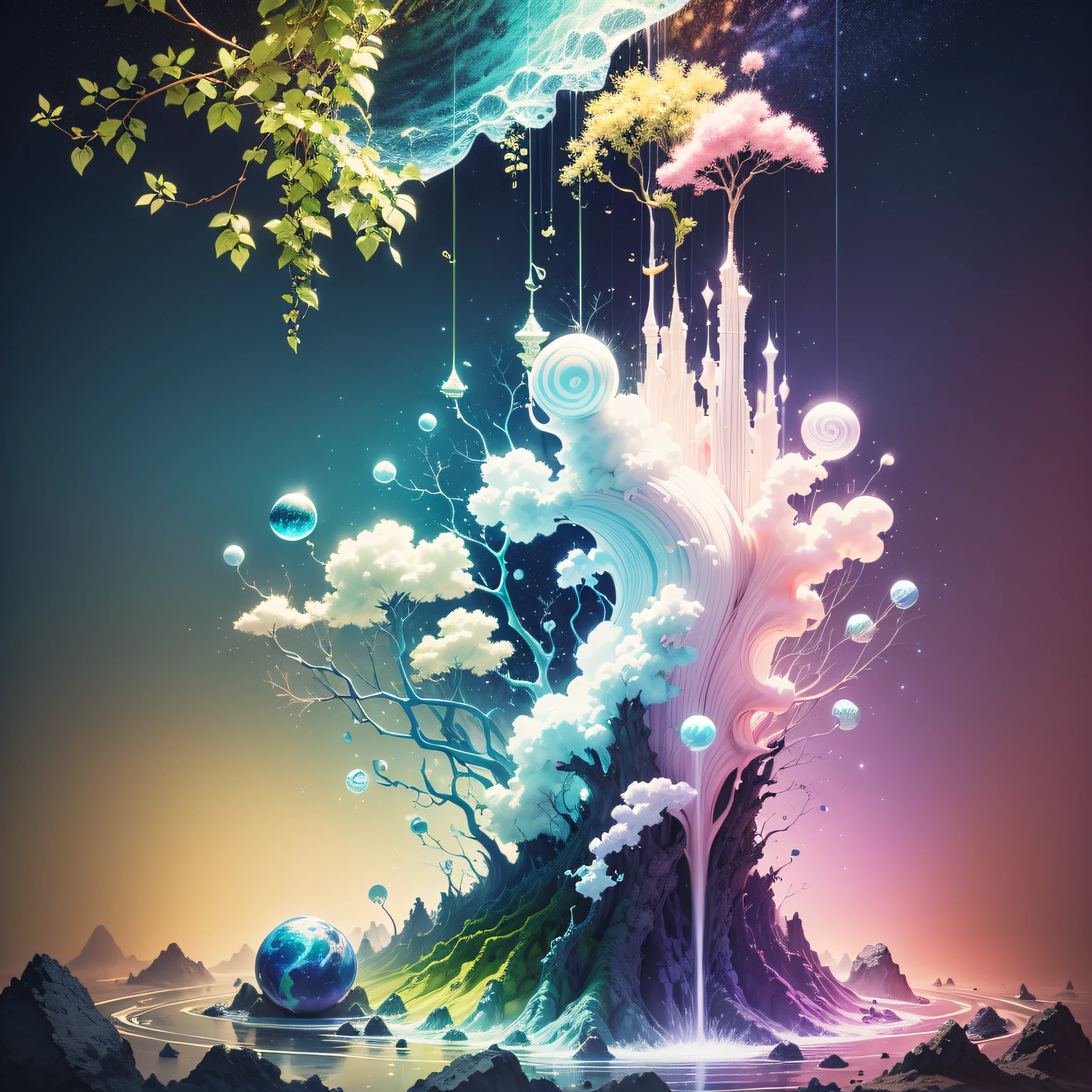 Image for decoration, containing the five elements (water, earth, air, fire and ether) and a lot of fantasy. Predominant colors blue, green, white, lilac and pink. High quality image, exclusive, original, watercolor style, vintage 50's. creative elements, such as plants. Use the Fibonacci curve in the composition --auto