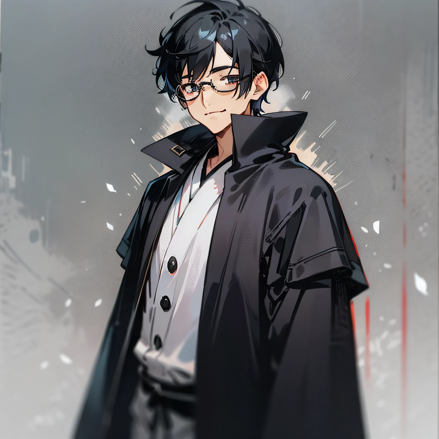 A japanese man with short, black hair. He has dark eyes, and wears a black cloak with a white-button up shirt underneath. He has a sharp jawline and a smile. He has black-framed glasses.