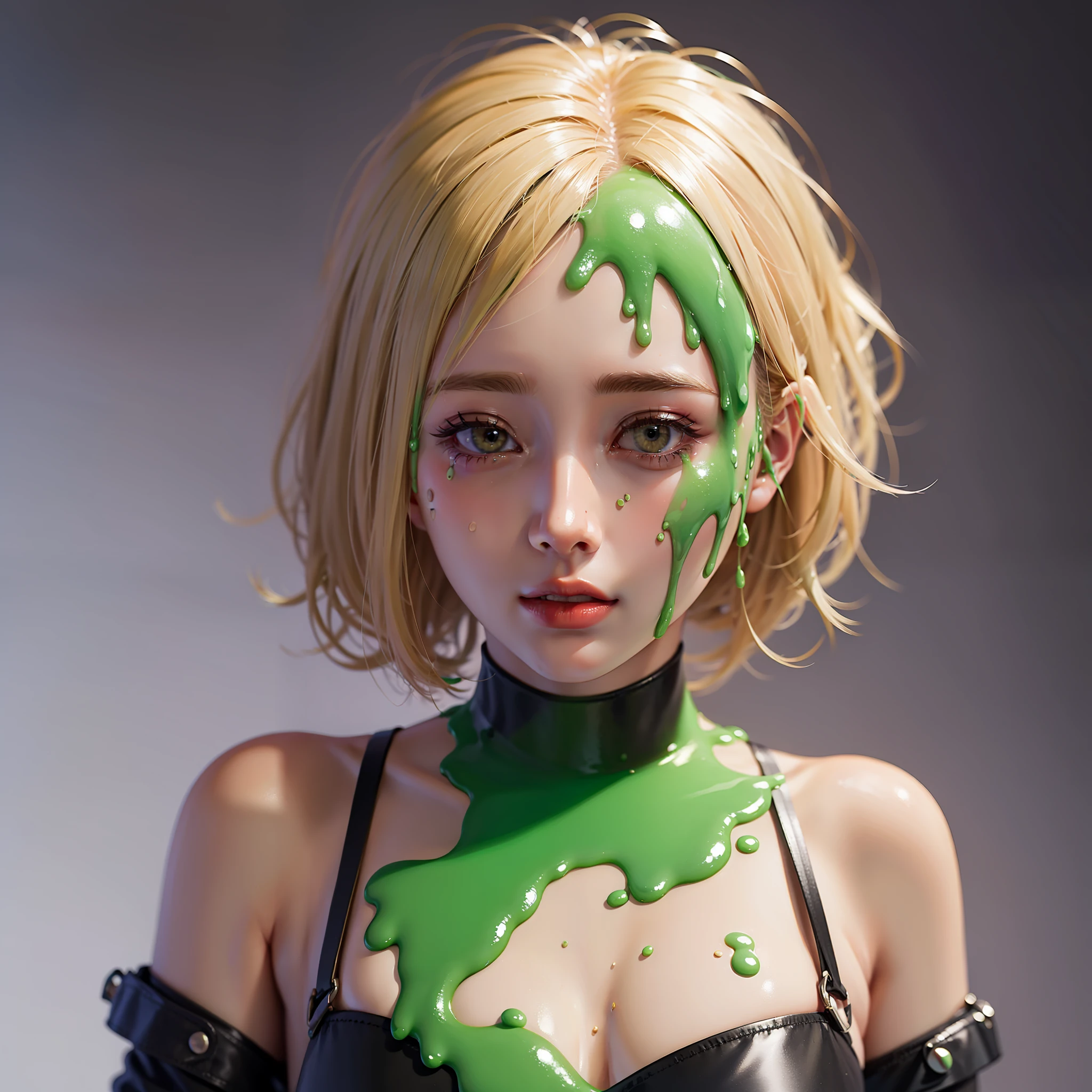 A hyperrealistic student covered in green goo melted maid outfit blonde short hair crying well detailed high quality 8k