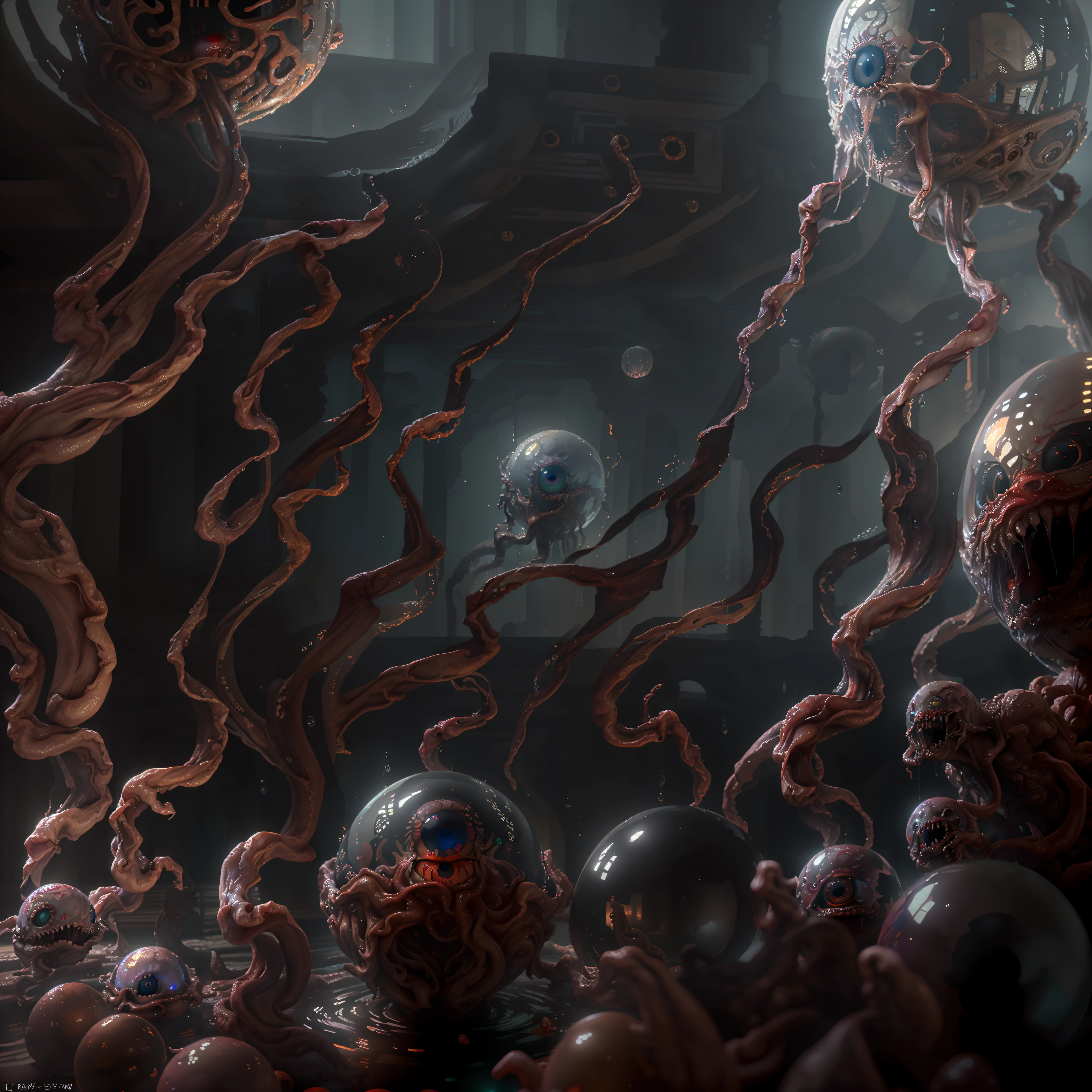 Tentacled mass with 1eye like an (1orb with blood inside) (32k, RAW photo, best quality, masterpiece:1.2), (realistic, photo-realistic:1.37), octane render, ultra high res, ultra-detailed , professional lighting, photon mapping, radiosity, physically-based rendering, ue5, ((ancient flame), ((reflections in water)), ((raytracing)), ((many horror eyes inside))