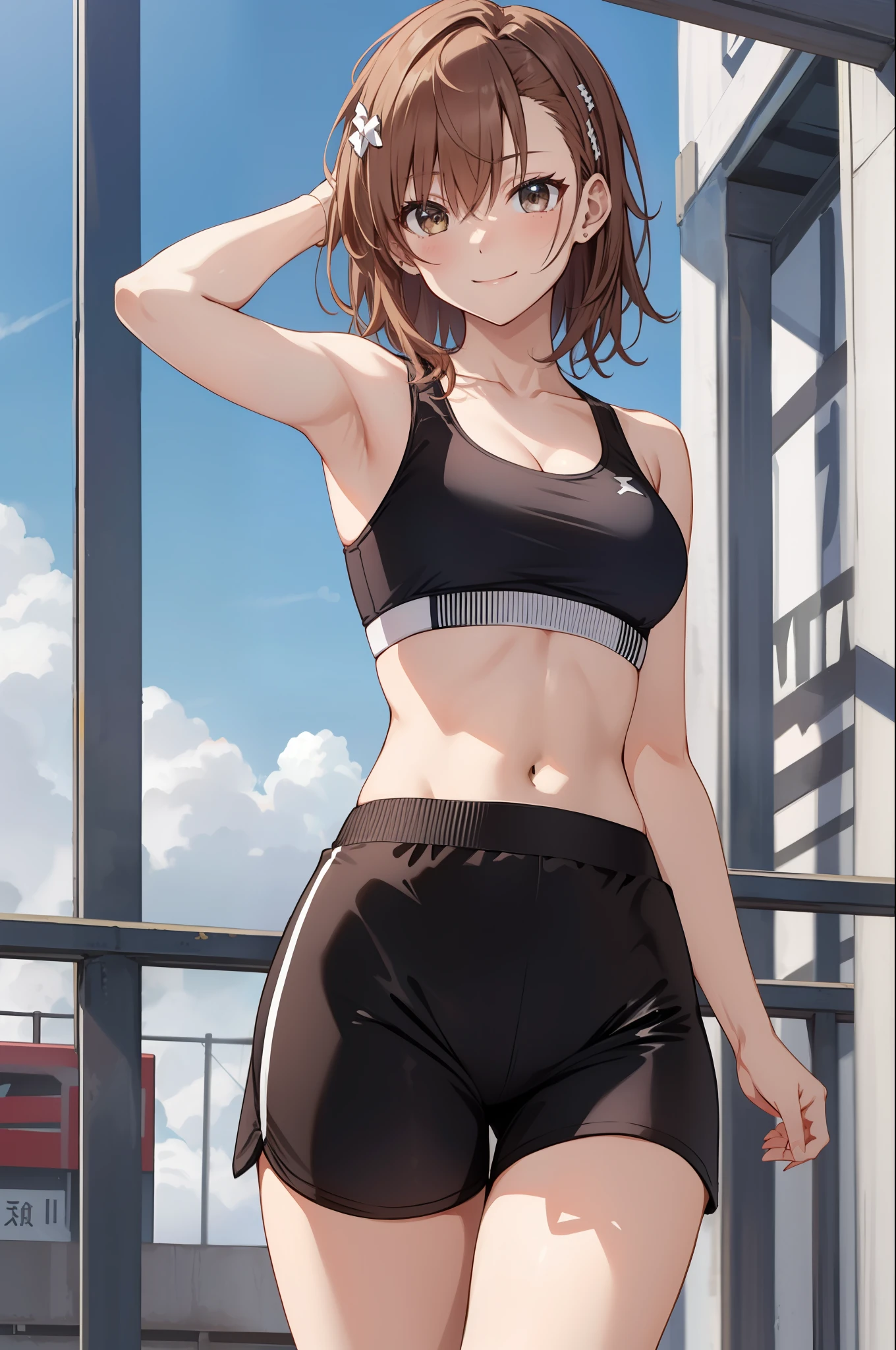 Masterpiece, 4K, Best Quality, Misaka Mikoto, Ribbon, Sports Bra, Latex Shorts, Standing, Armed, Smile,