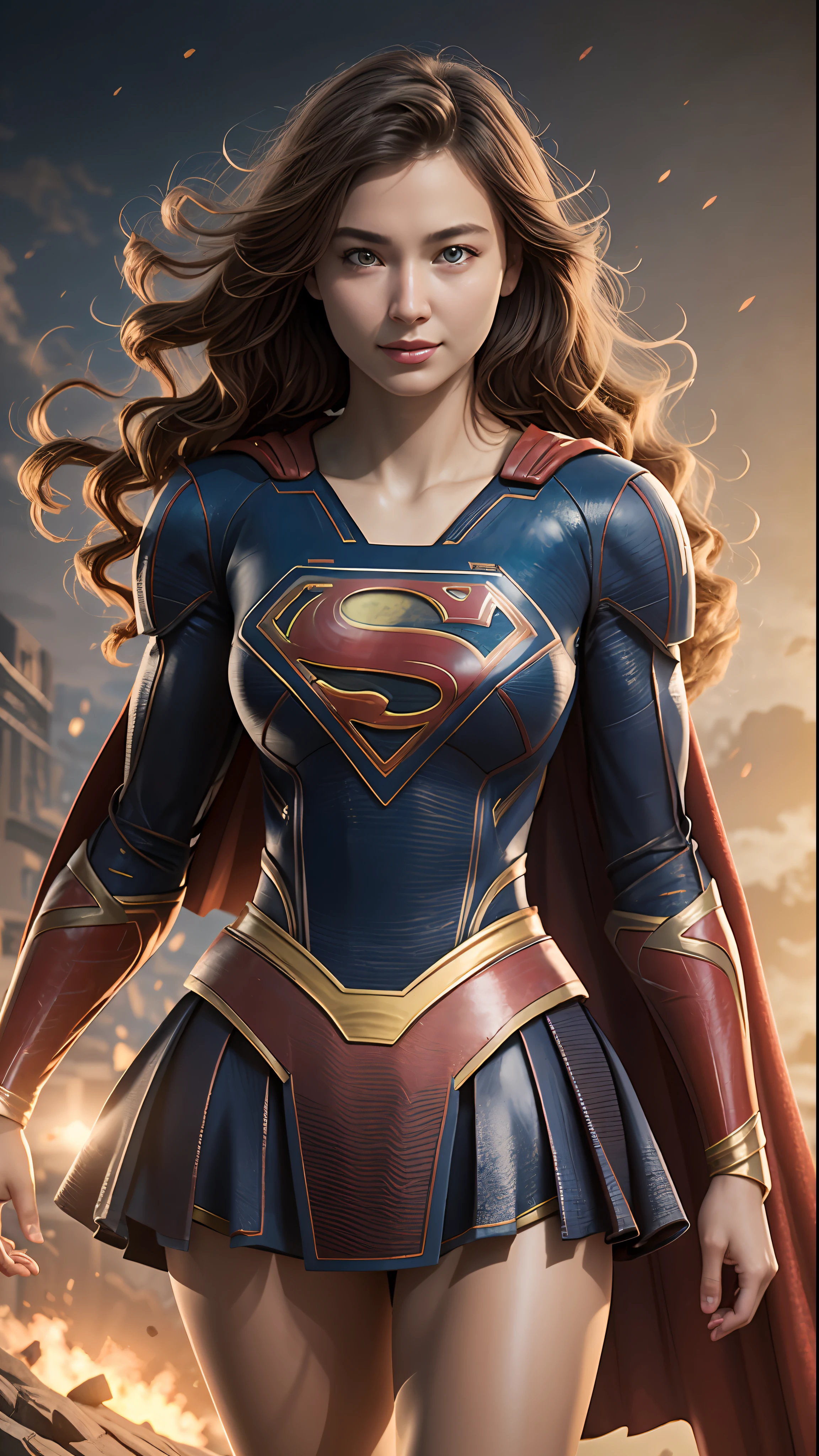 ((Best Quality)), ((Supergirl masterpiece)), (highly detailed: 1.3), 3D, Shitu-mecha, beautiful cyberpunk women with their mecha in the ruins of the city of a lost war, ancient technology, blonde with blue eyes, superman symbol S on the chest, (High Dynamic Range), Ray Tracing, NVIDIA RTX, Super-Resolution, Unreal 5, Subsurface Scattering, PBR Texturing, Post-processing, Anisotropic filtering, Depth of field,  Maximum clarity and sharpness, Multilayer textures, Albedo and specular maps, Surface shading, Accurate simulation of light-material interaction, Perfect proportions, Octane Render, two-tone lighting, Low ISO, white balance, rule of thirds, wide aperiature, 8K RAW, efficient sub-pixel, sub-pixel convolution, luminescent particles, light scattering, Tyndall effect