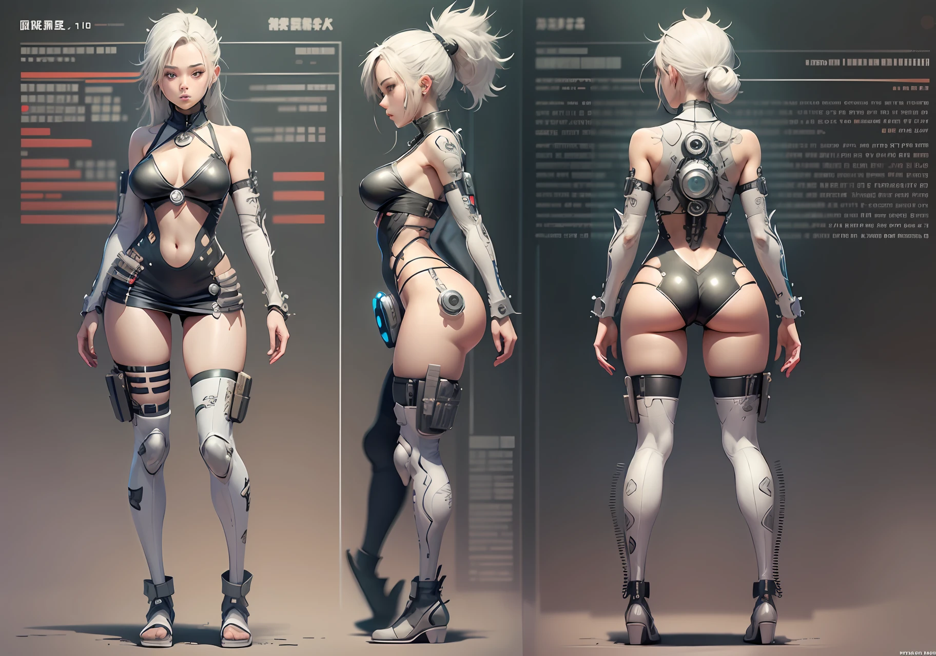 Japanese manga style character sheet of cyberpunk girl, front side and back, full body, white and black background, detailed, intricate