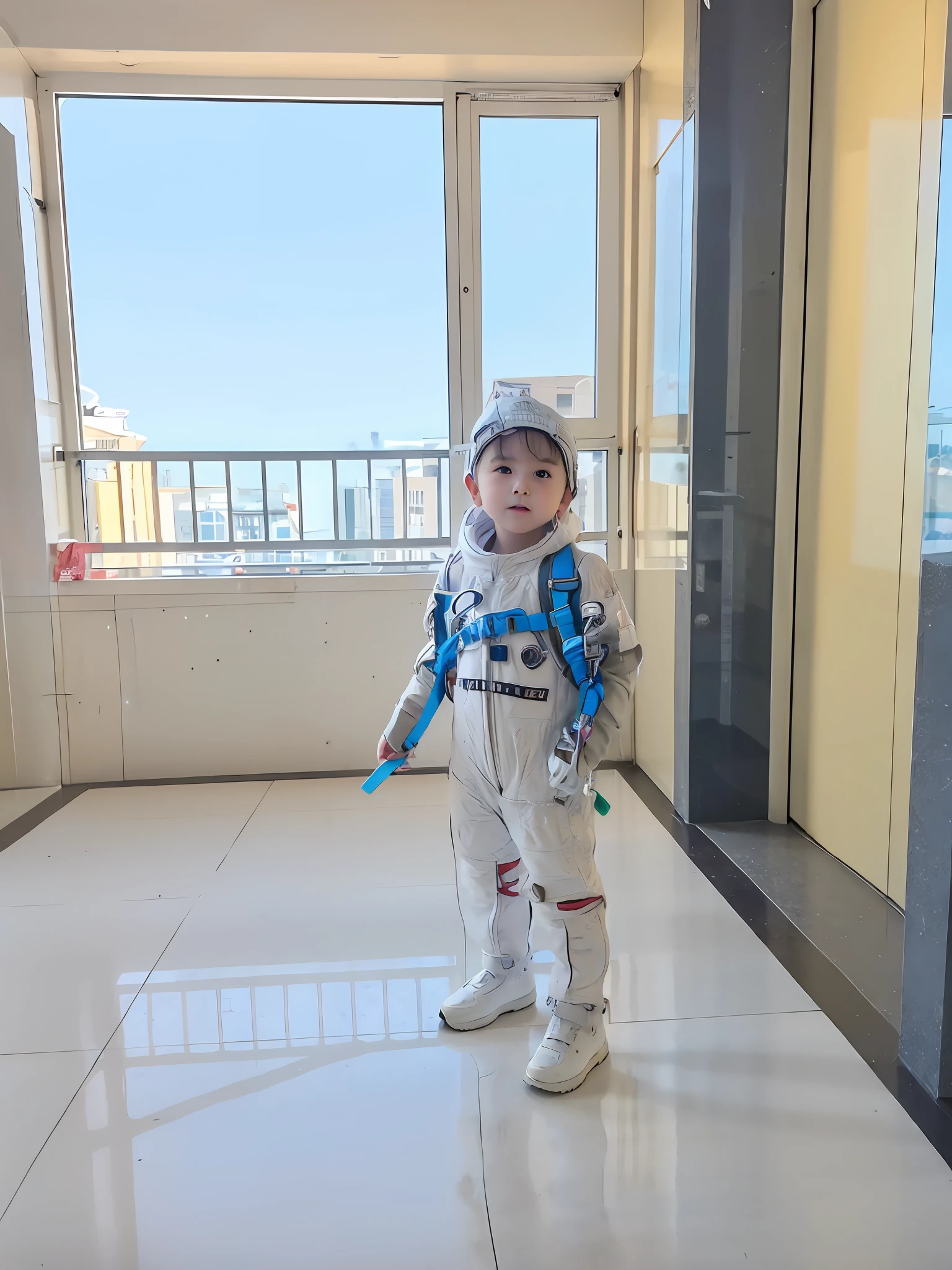 there is a young boy standing in a room with a backpack, in a space cadet outfit, wearing astronaut outfit, wearing a space suit, silver space suit, wearing jetpack, wears a spacesuit, wearing space techwear, 🤬 🤮 💕 🎀, chrome outfit, with a space suit on, wearing futuristic space gear, kid, small astronaut looking up