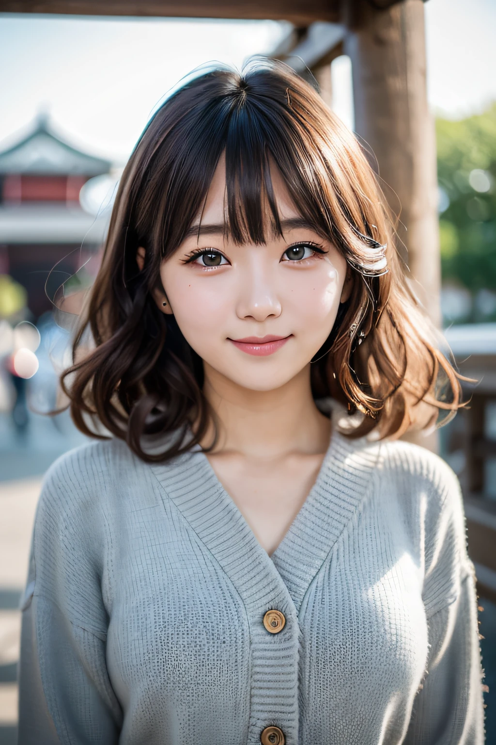 Studio light, depth of field, upper body, slender, cute face, smile, beautiful detail eyes, 19 years Japan person, cute, warm brown voluminous curls, plaza, formal,