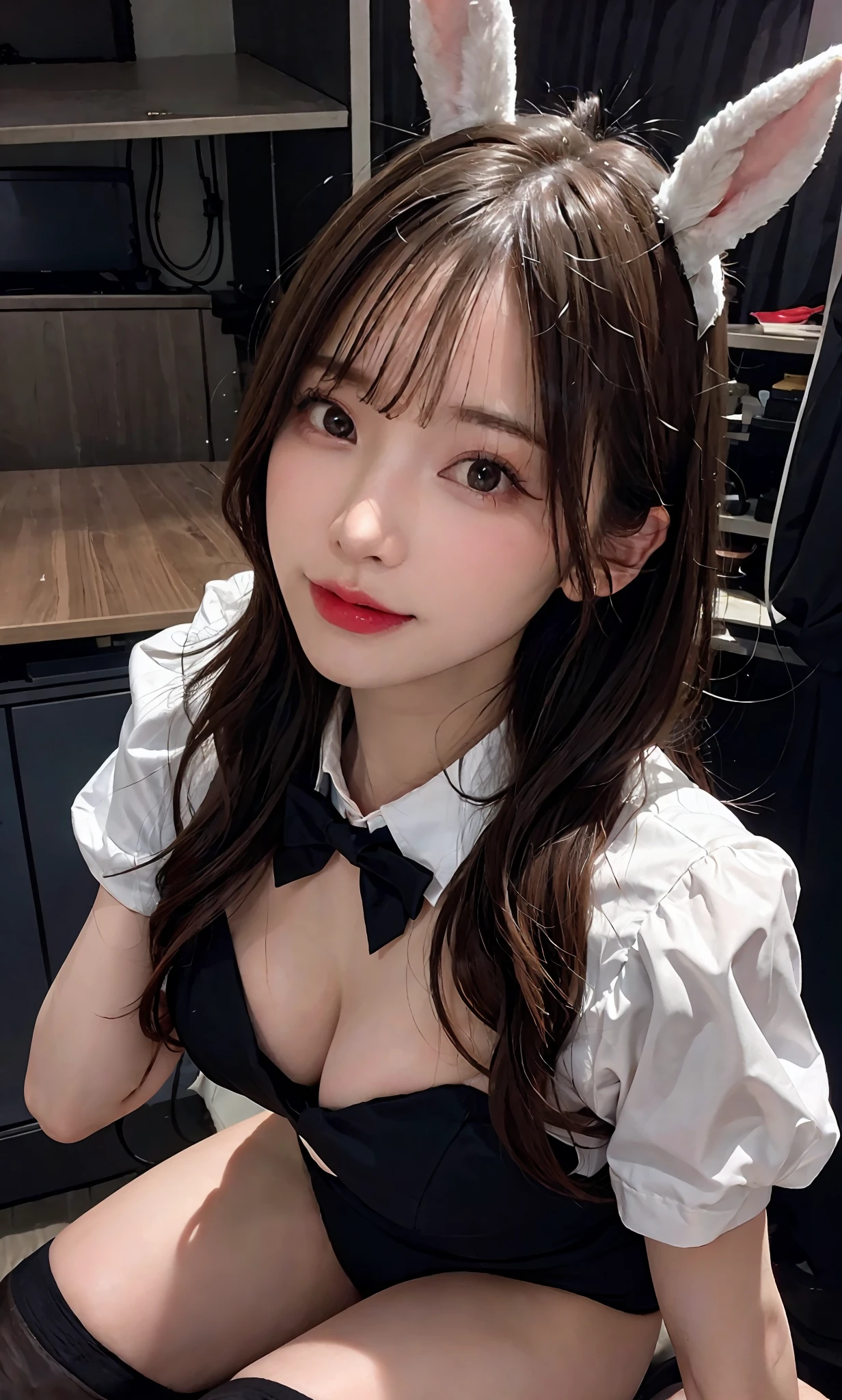 (RAW photos: 1.2), top quality, beautiful detailed girl, bunny girl, smile, highly detailed eyes and face, beautiful detailed eyes, huge file size, high resolution, high resolution, 8k wallpaper, fine detail, highly detailed ticker uniform, light on face, movie lighting, 16 year old girl, sexy pose, (photorealism: 1.4), surrealism, Shot looking up from below, super detail, masterpiece, playboy bunny, fishnet stockings, sitting, sexy uniform, bow tie, cleavage, open chest, face forward, show legs
