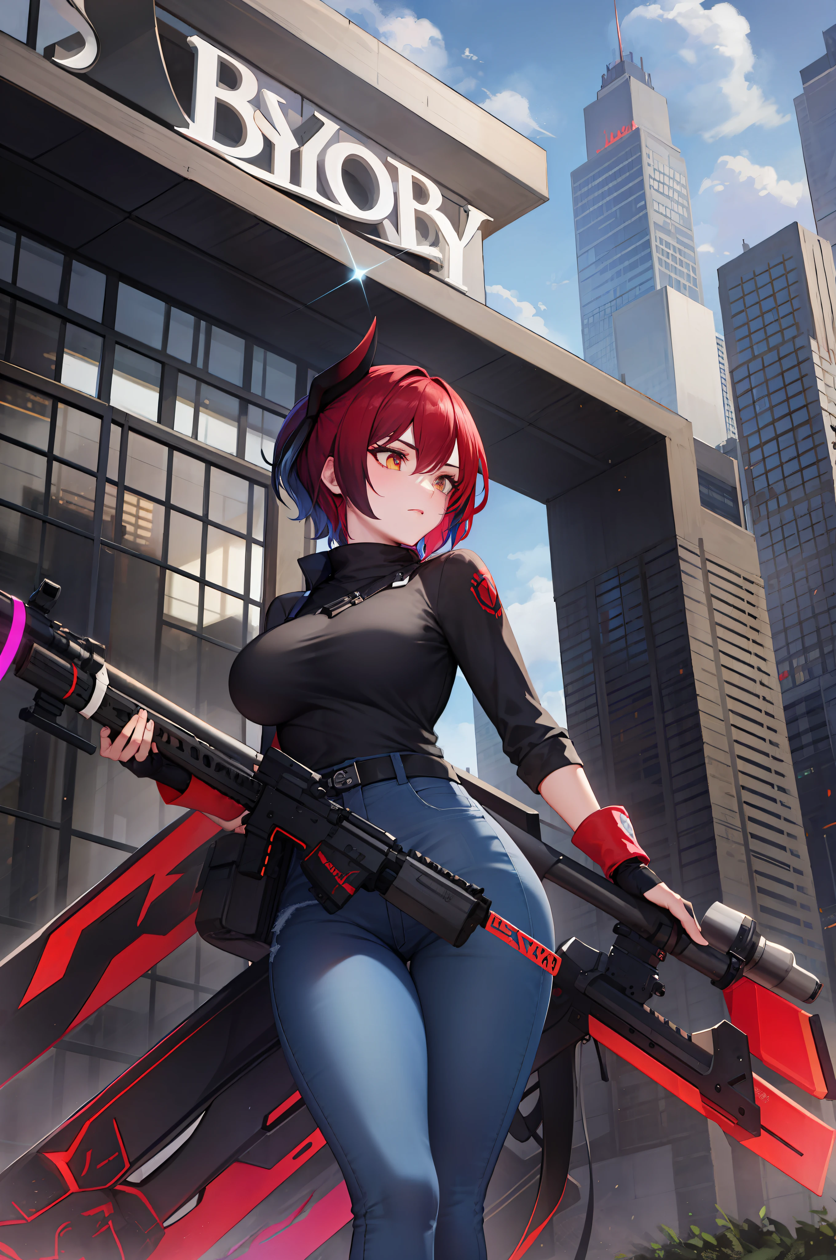 red hair, black hair, multicolored hair, short hair,blacklight,fighter,modern fantasy,tall,semi large breast,tall,low cute jeans,made out of sticks,outside,city,shopping district Scythe, Sniper Rifle, War Scythe,rwby type weapon,weapon slung over back,best quality,masterpiece,fingerless gloves