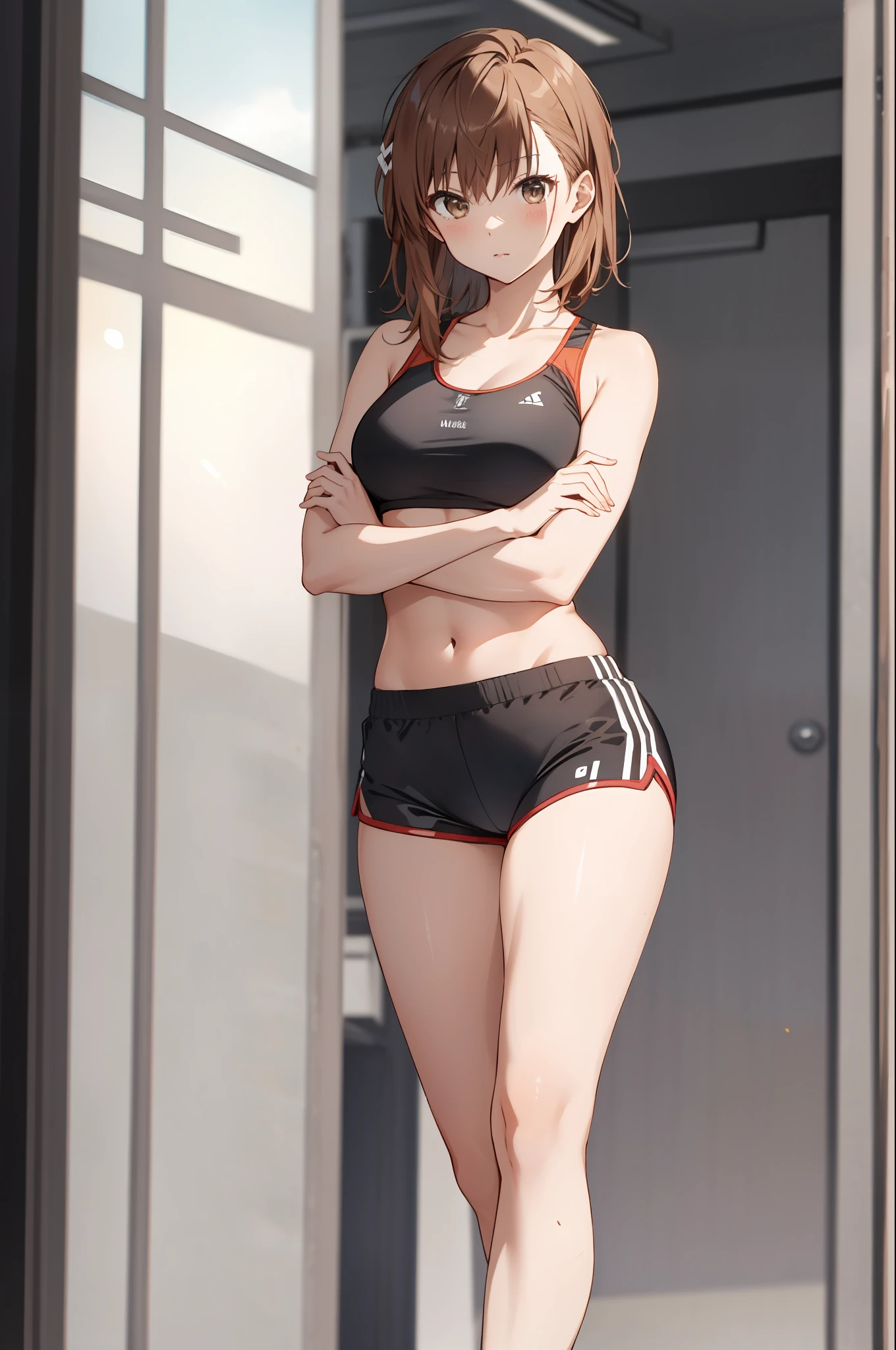 Masterpiece, 4K, Best Quality, Mikoto Misaka, Ribbon, Sports Bra, Latex Shorts, Standing, Arms Crossed,