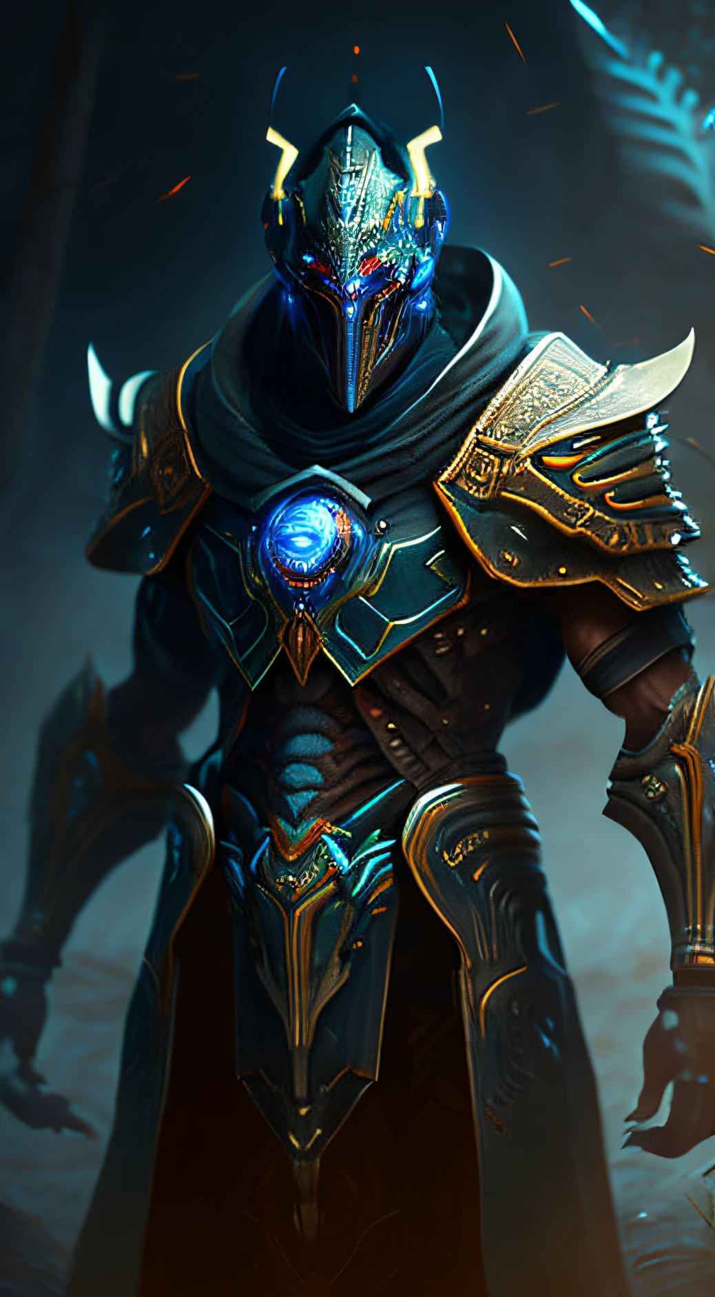 The ancient alien warrior, dark horror futurism, cinematic, fine details, 8k, (dark shot:0.7), Subsurface scattering, (ambient lighting:1.3), (ArtStation:1.3), zhask mobile legends hero, cowboy shot full-length body,